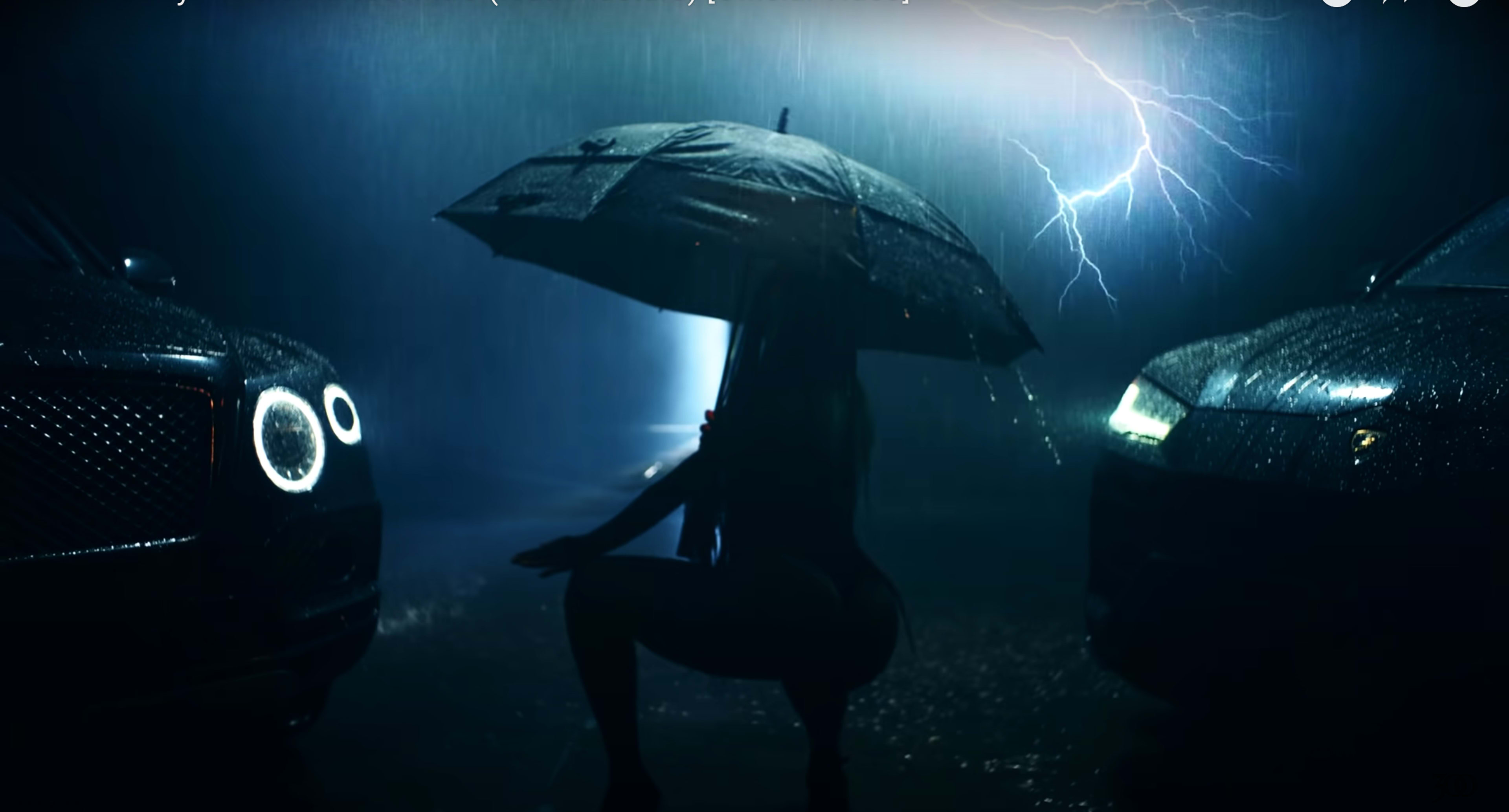 A silhouette of a person holding an umbrella stands between two cars in a rain-soaked environment with lightning in the background.