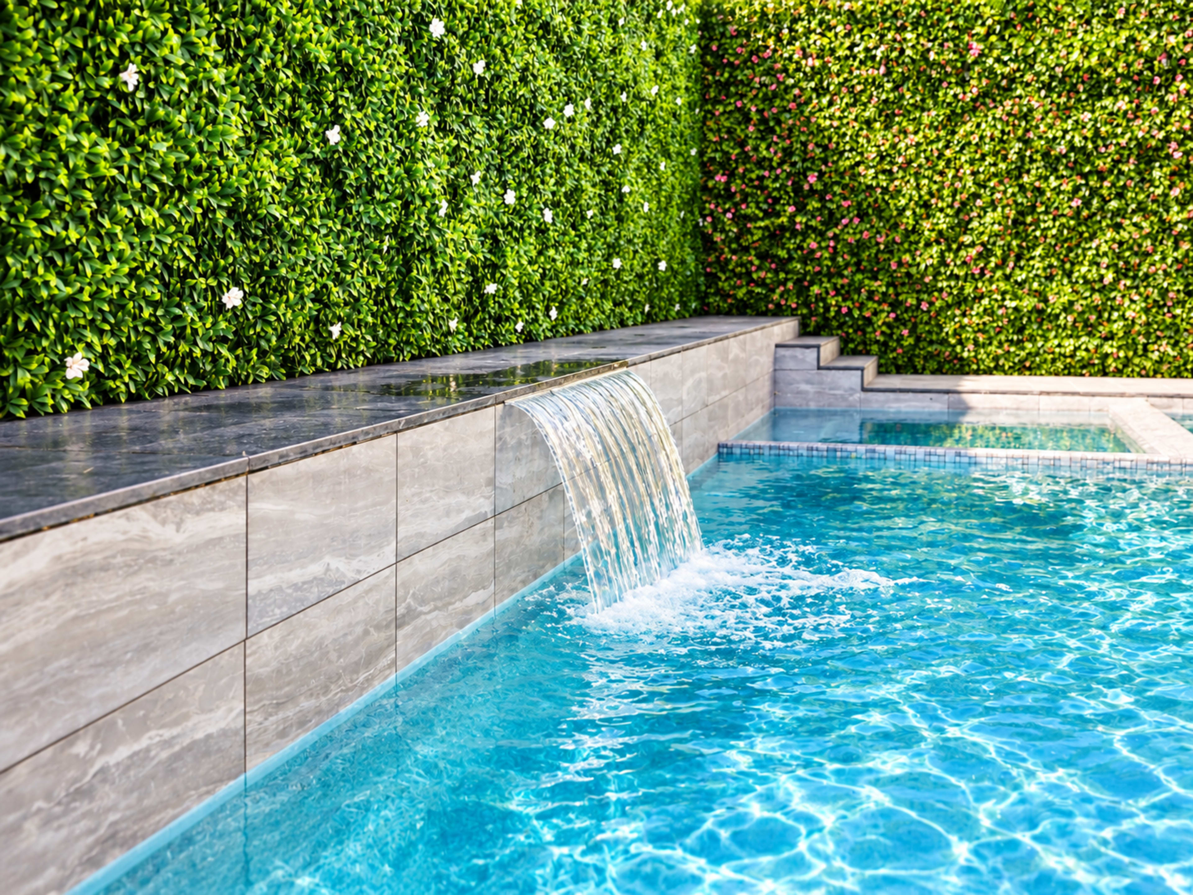 A water feature spills gently into a clear blue swimming pool surrounded by lush green hedges and blooming flowers.