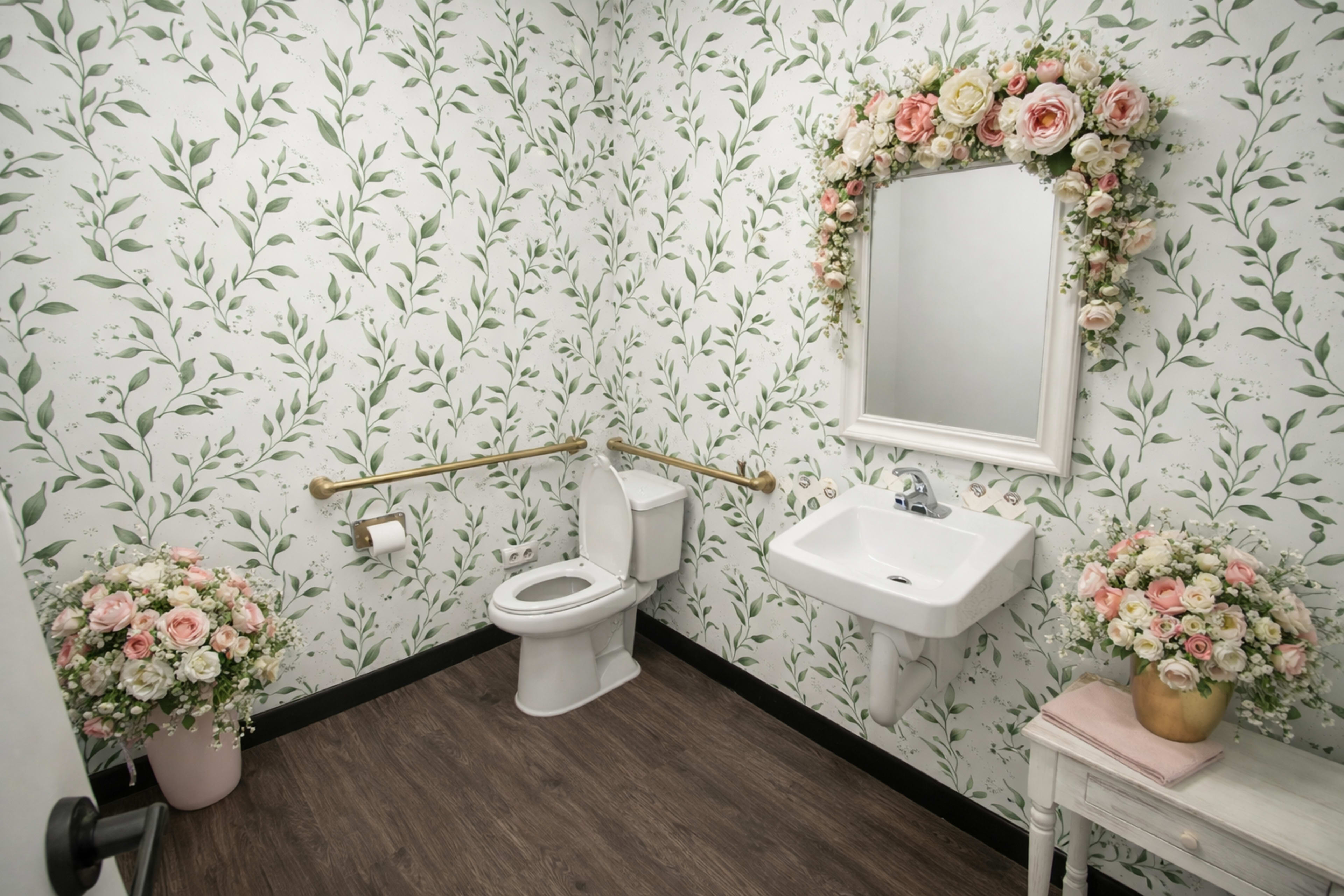 The image shows a small restroom with floral wallpaper, a toilet, a sink, and decorative flower arrangements near the mirror and on the floor.