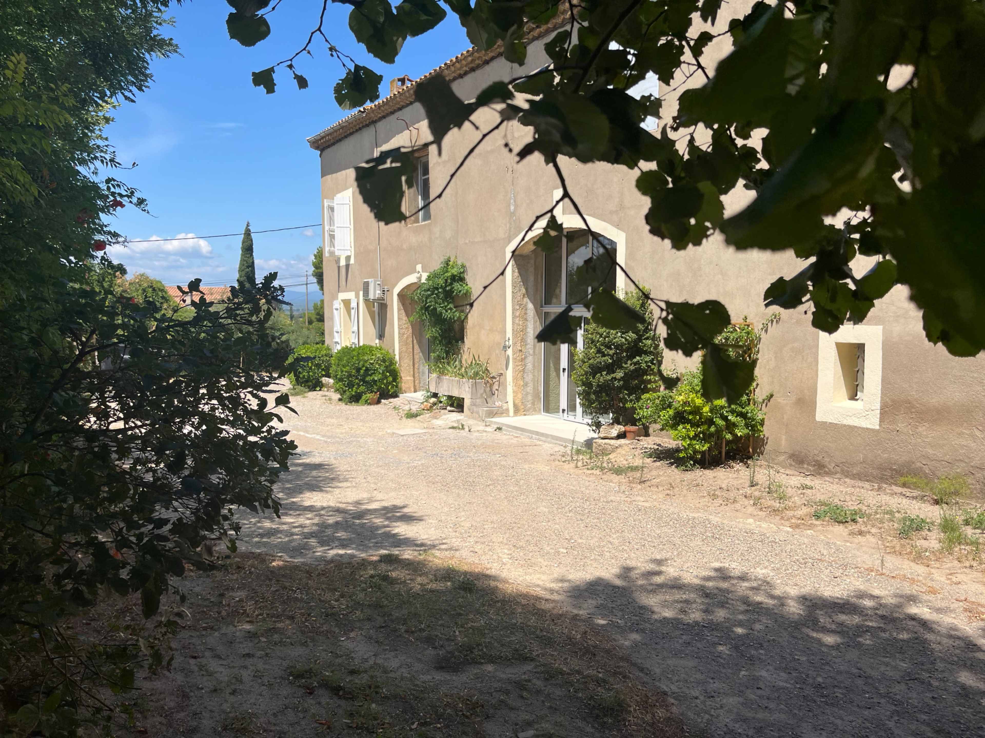 A gravel path leads to a two-story building, lined with greenery and surrounded by trees under a clear blue sky.