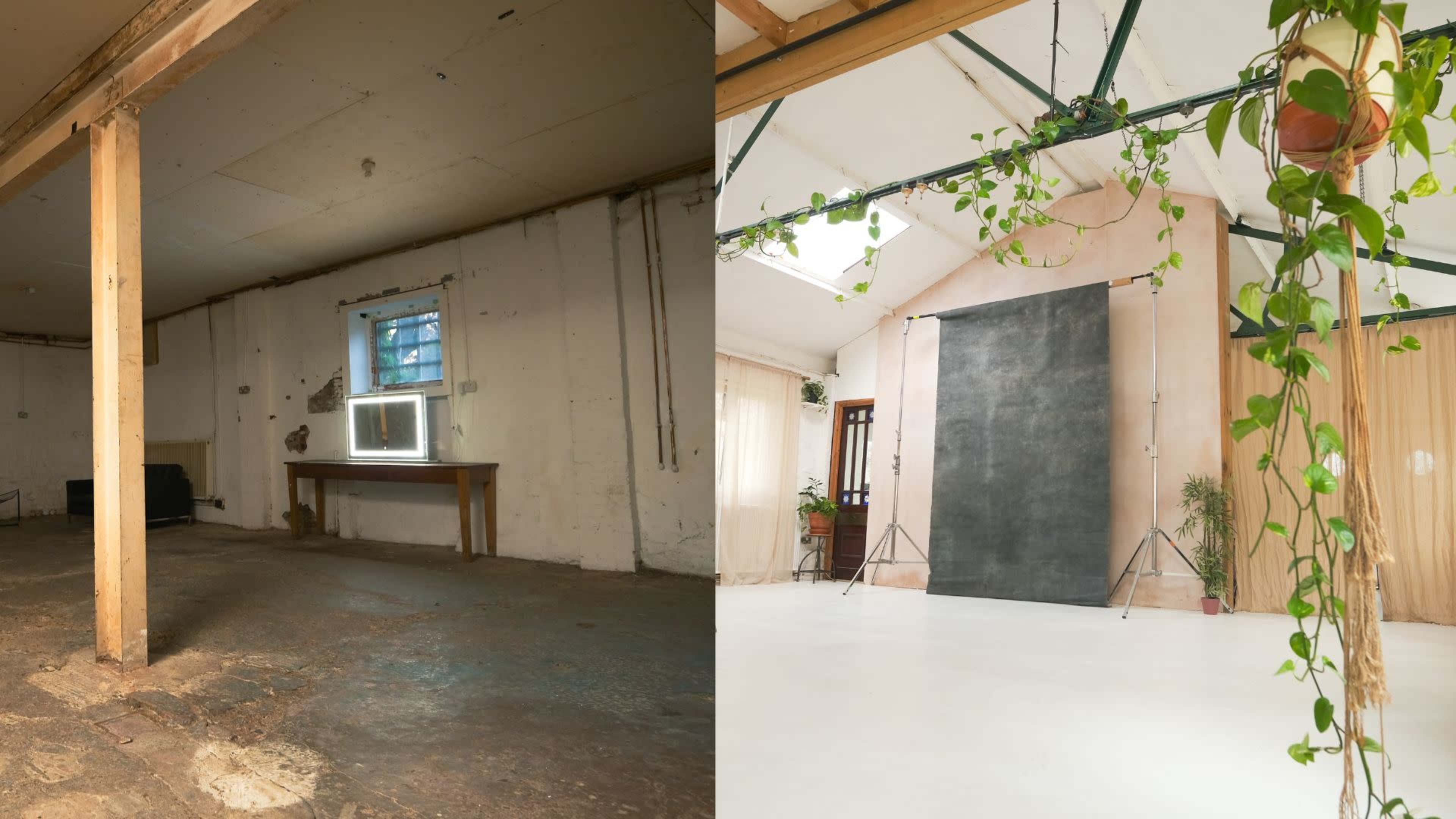 The image shows a split scene featuring an unfinished, empty room with a wooden table on the left and a well-lit studio space with a backdrop and hanging plants on the right.