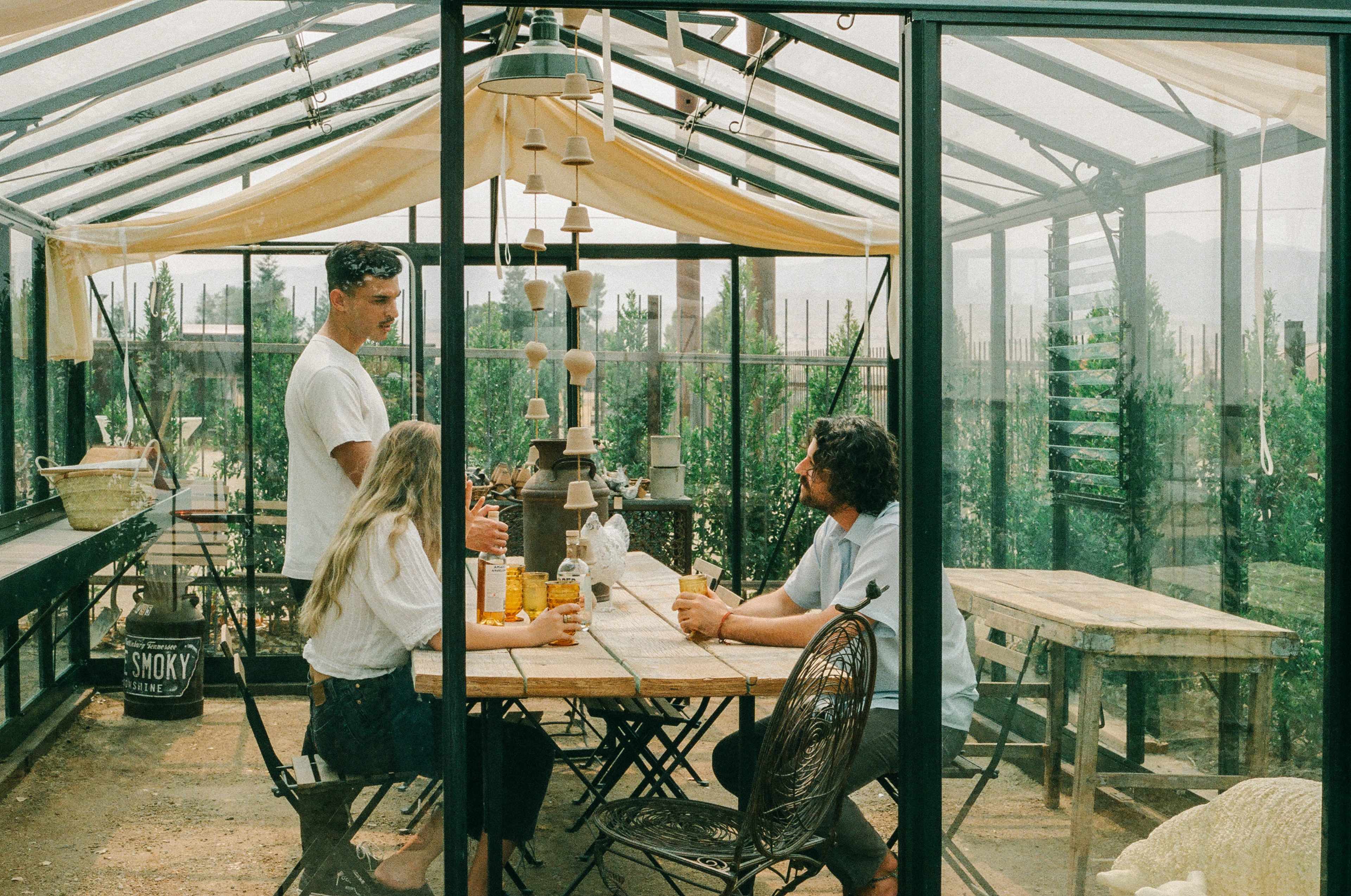 Three people are seated and standing inside a greenhouse, enjoying drinks at a wooden table surrounded by plants.