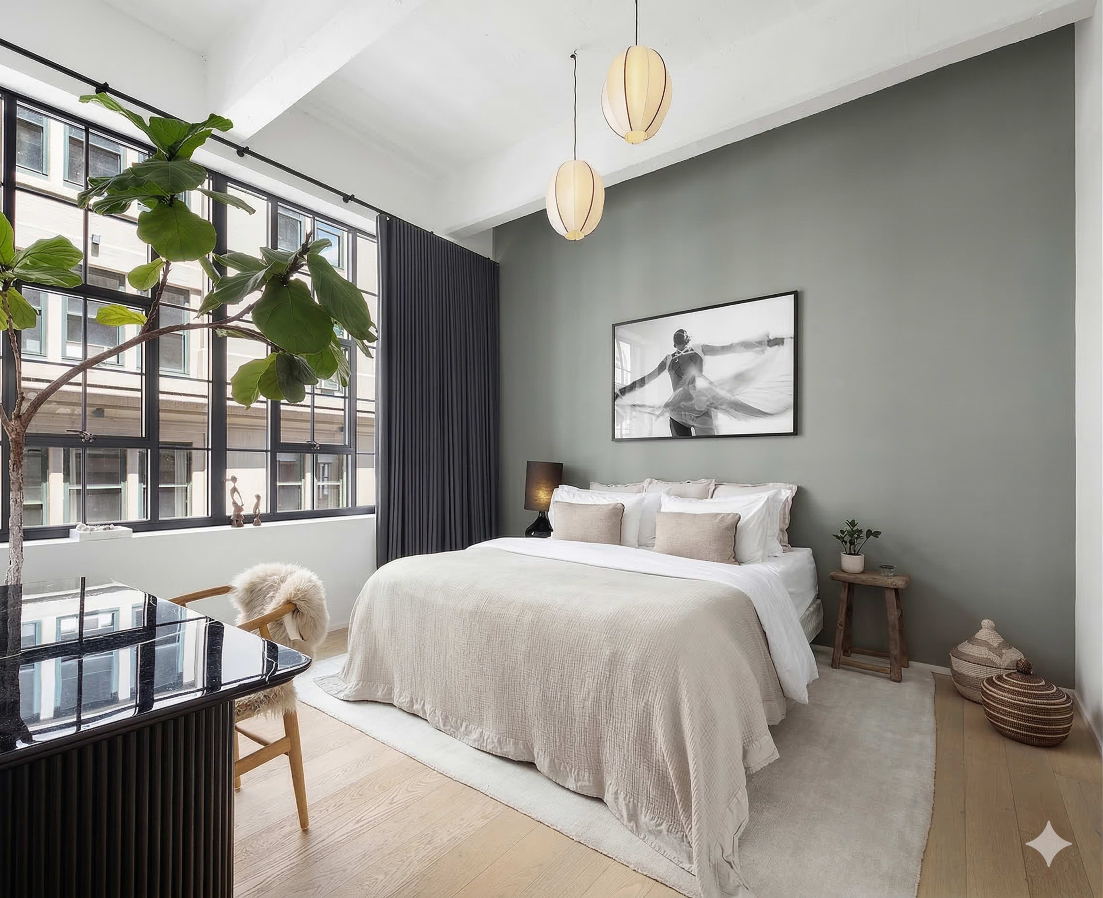The image shows a modern bedroom with a large bed, a side table, a decorative plant, and large windows providing natural light.