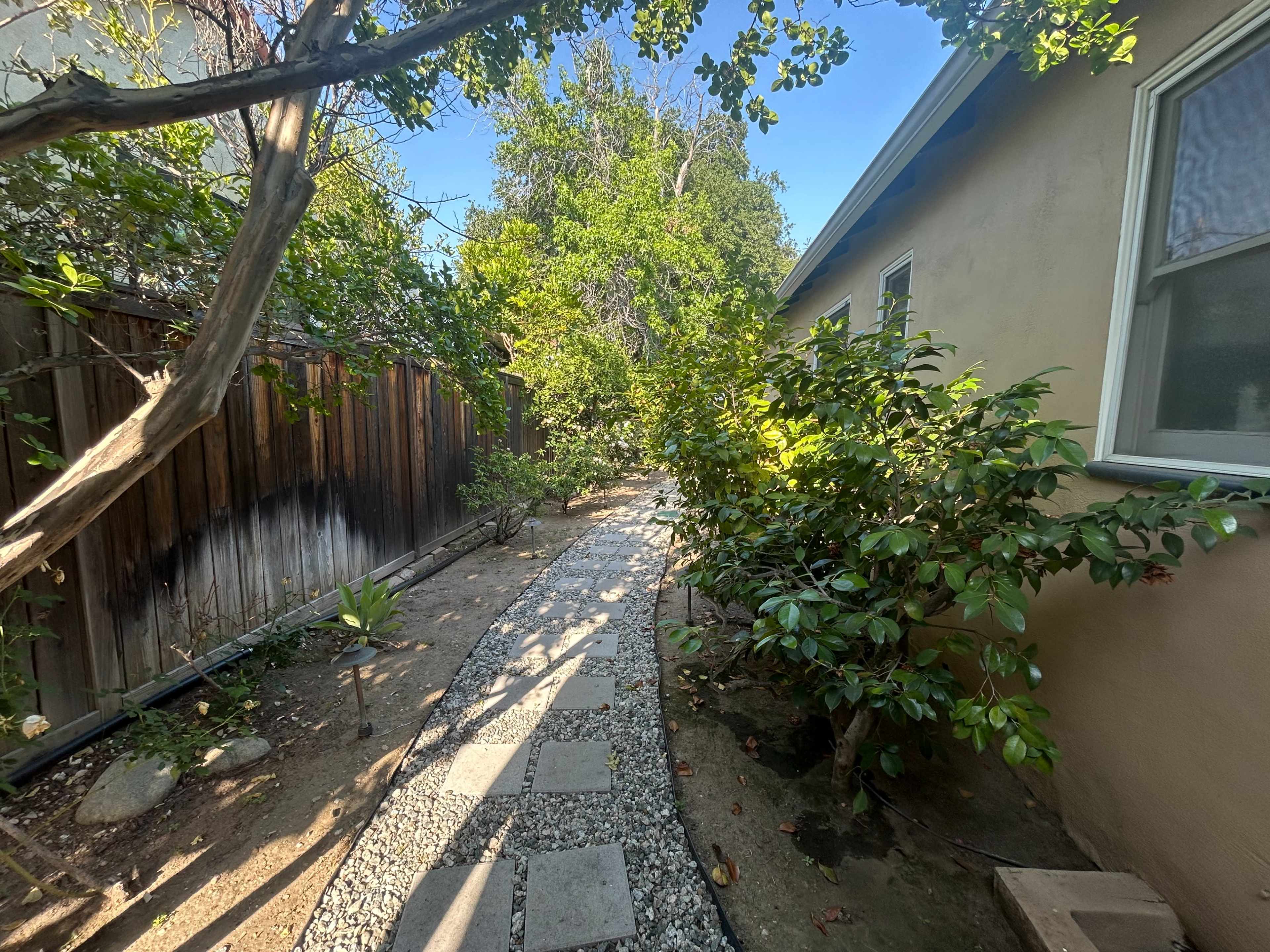 A gravel pathway lined with bushes leads through a garden beside a house.