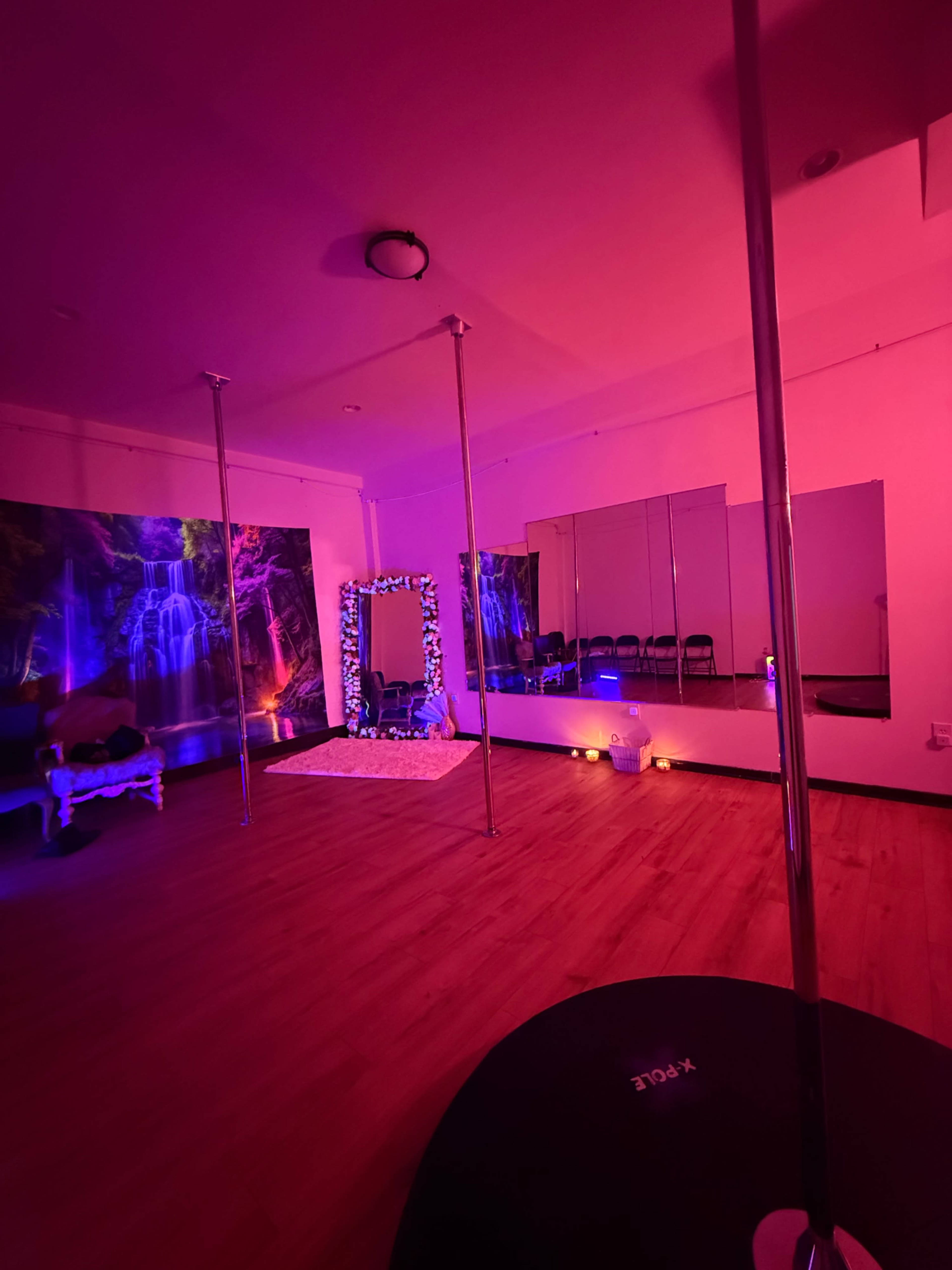 The image shows a brightly lit dance studio with two vertical poles, a large mirror, and colorful lighting effects against a backdrop of a waterfall mural.