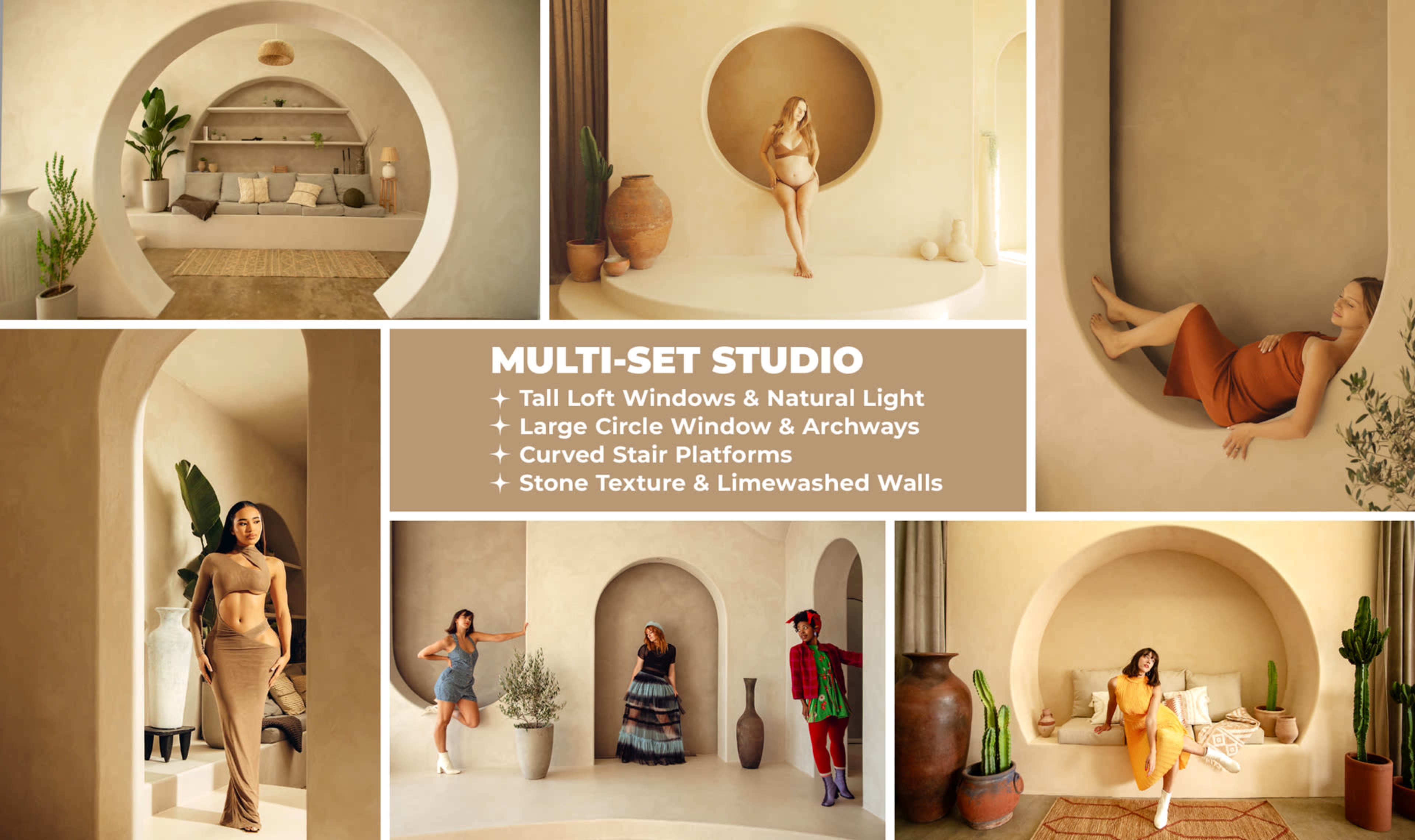 A multi-set studio featuring tall loft windows, large circular arches, and curved stair platforms, all with stone texture and limewashed walls.