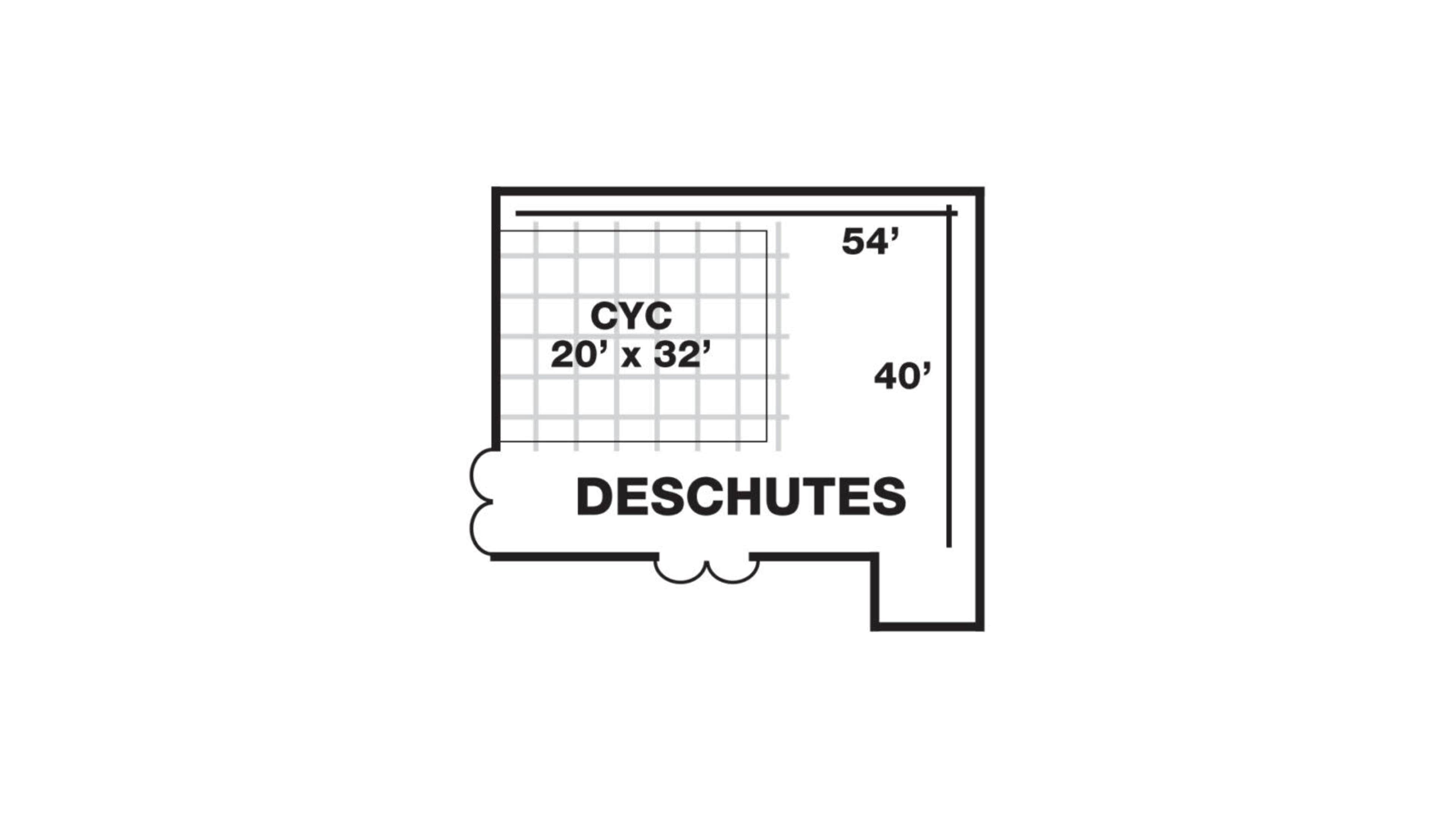 The image shows a floor plan labeled "DESCHUTES" with dimensions of 54 feet by 40 feet, including a cyclical area measuring 20 feet by 32 feet.