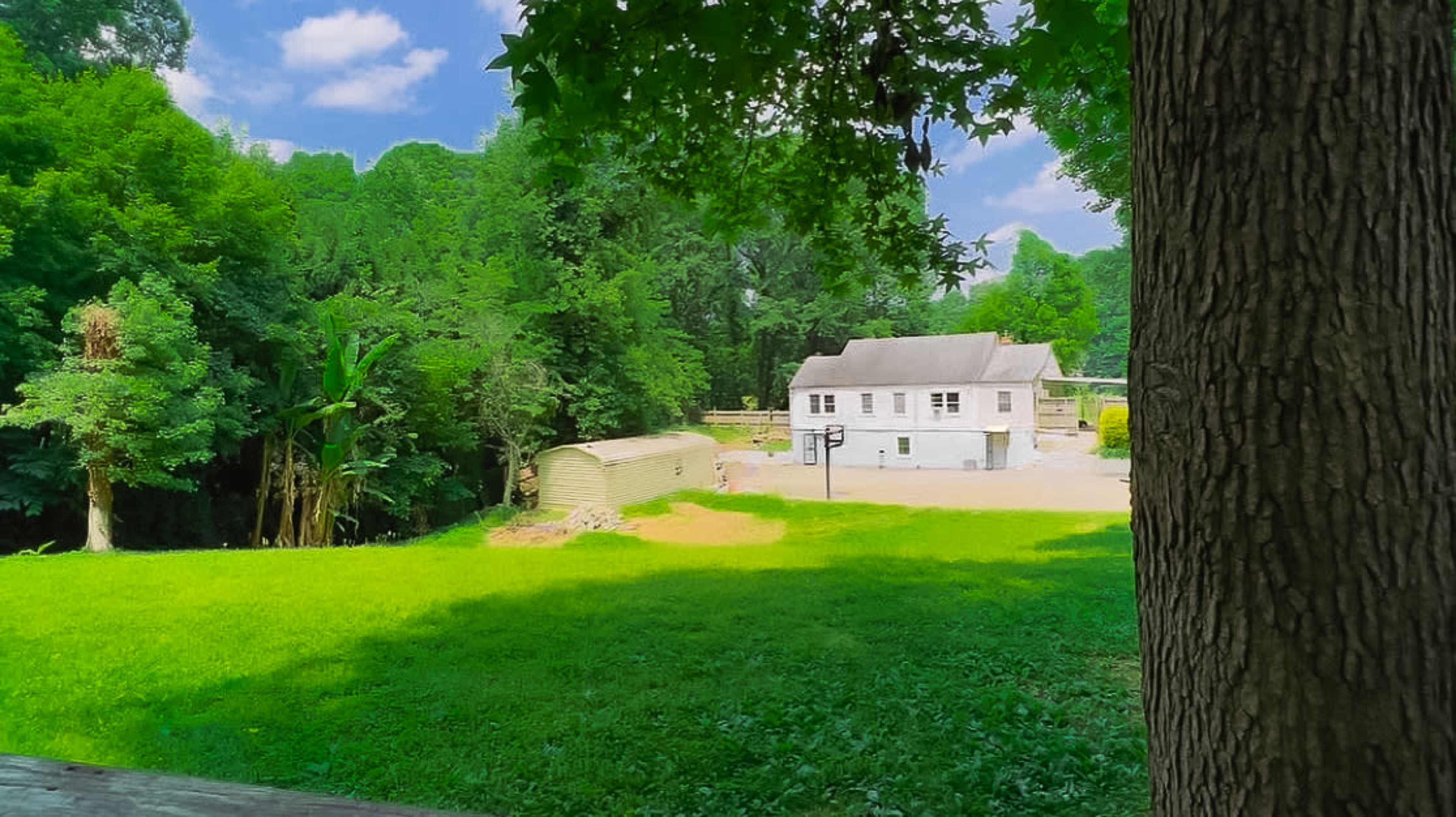 A green lawn with a house in the background, surrounded by trees, and a storage shed nearby.