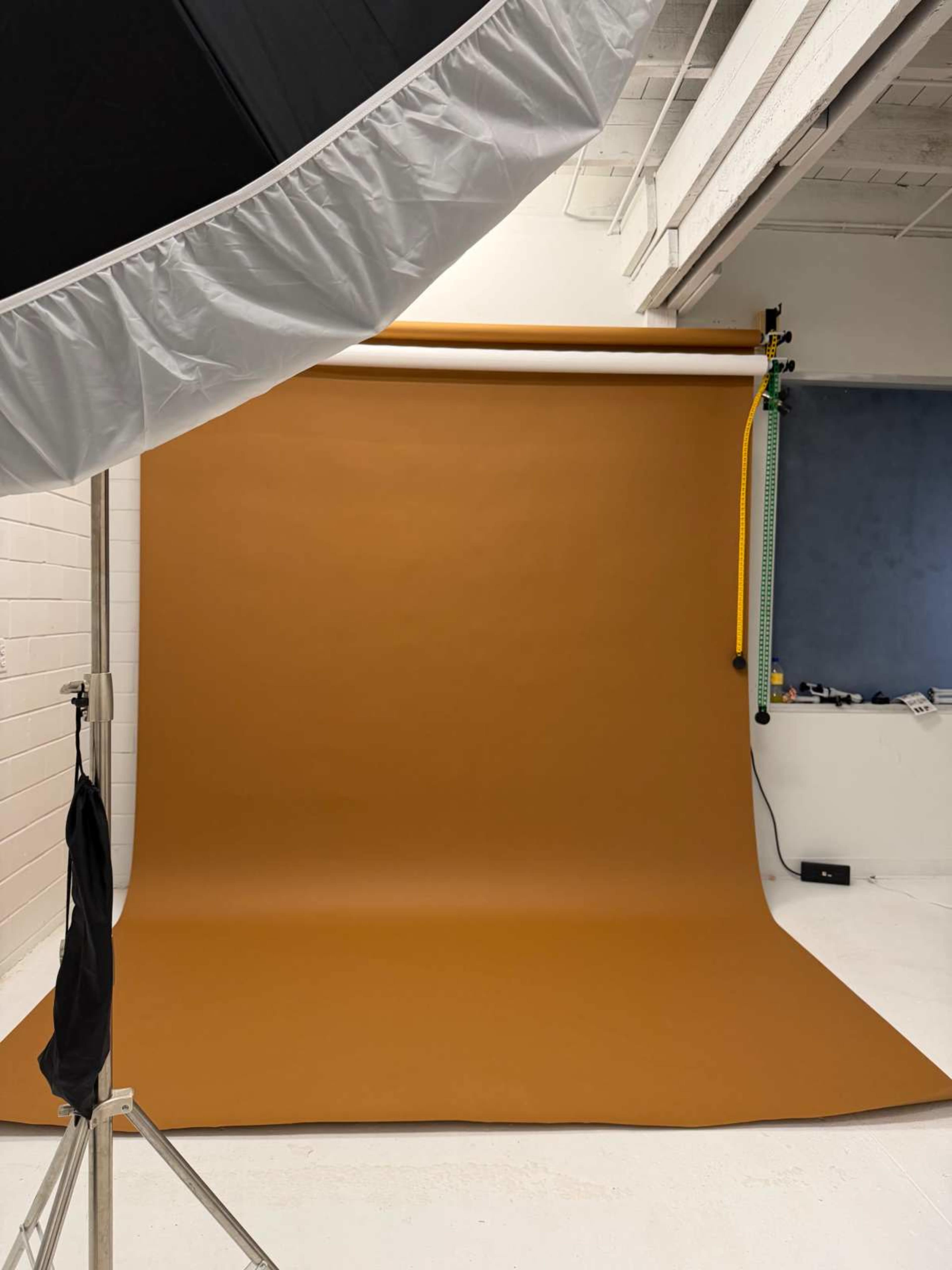 The image shows a photography studio with a large brown backdrop, a softbox light to the left, and a wall with a light blue section in the background.