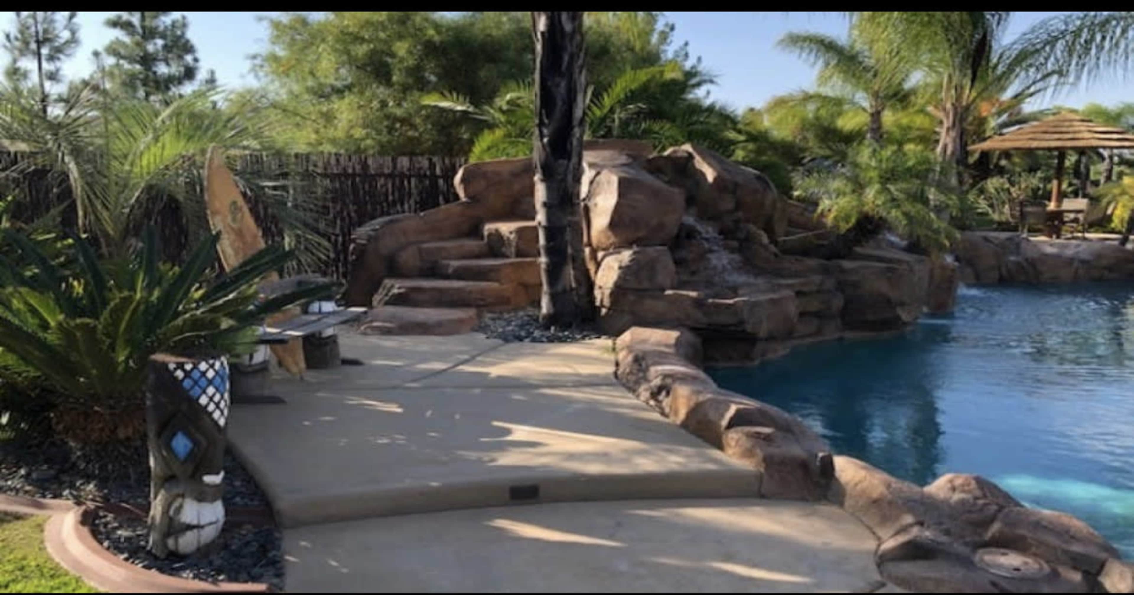 A landscaped pool area featuring a rock formation, palm trees, and a shaded seating area.
