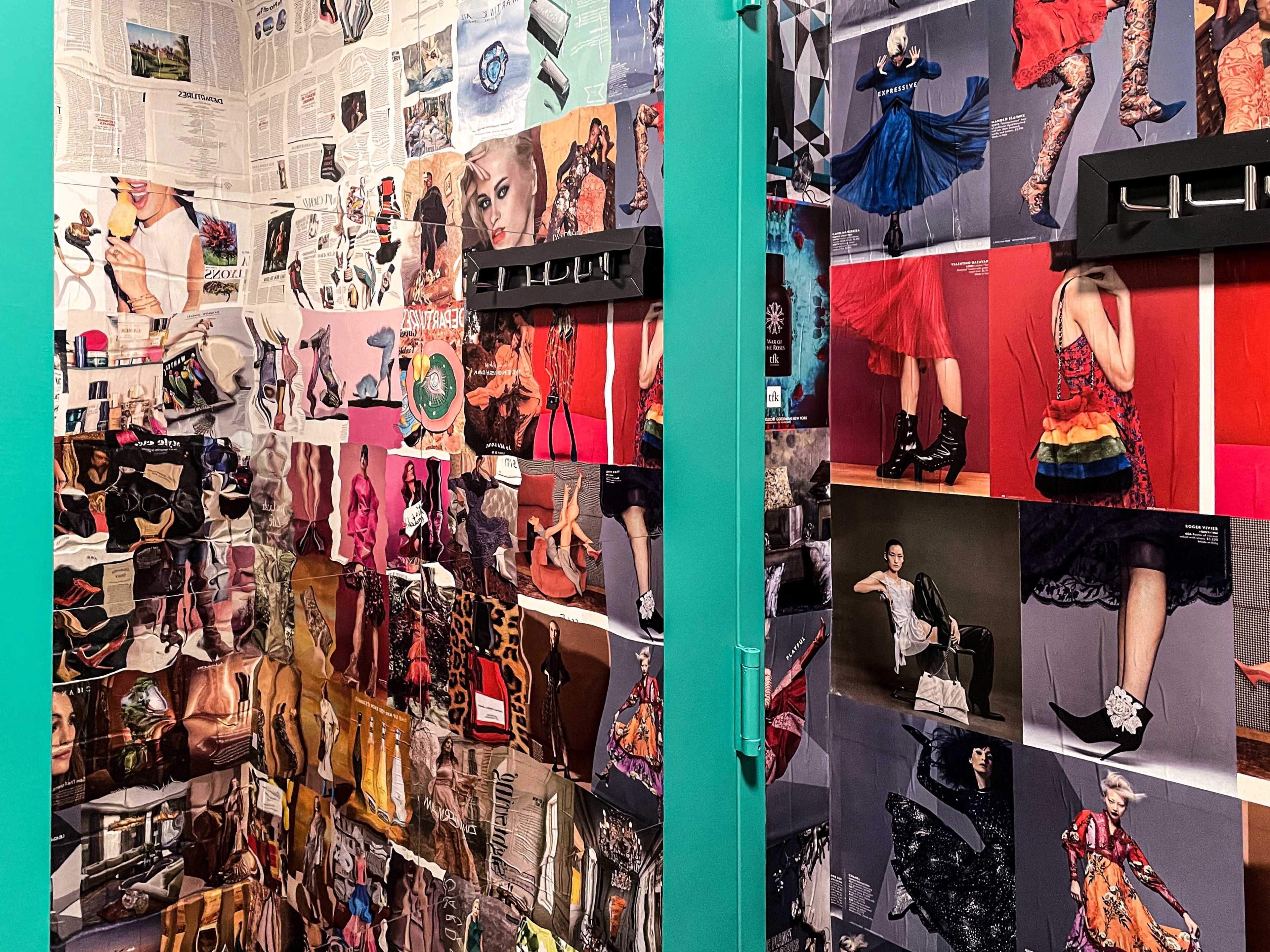 The image shows walls covered with an array of fashion magazine cutouts and photographs in various colors and styles.