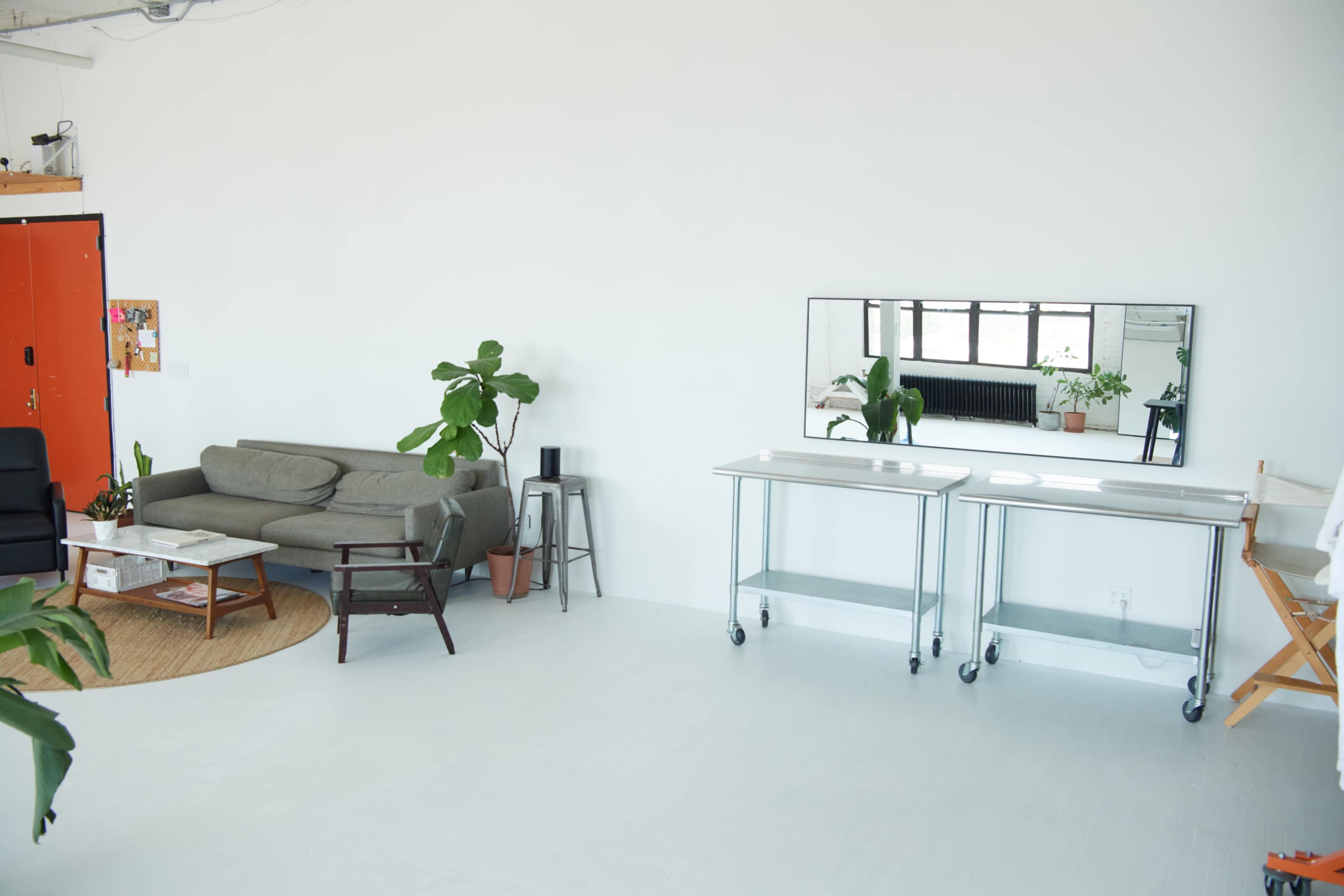 The image shows a bright, minimalistic interior of a room with a gray sofa, a circular rug, and a mirror on a cart next to several plants and a pair of chairs.