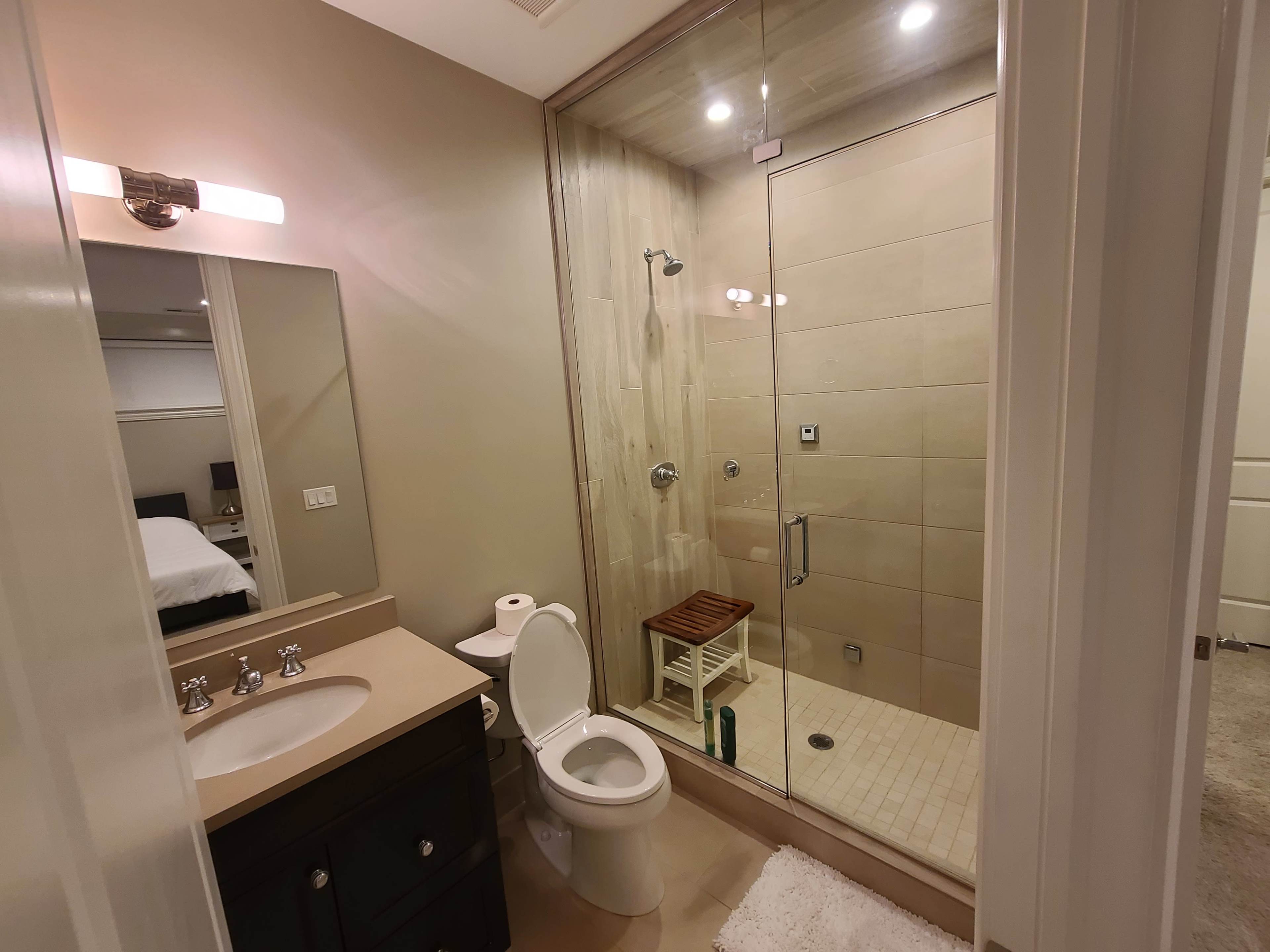 A modern bathroom featuring a shower area with glass doors, a toilet, a sink with a dark cabinet, and a large mirror.