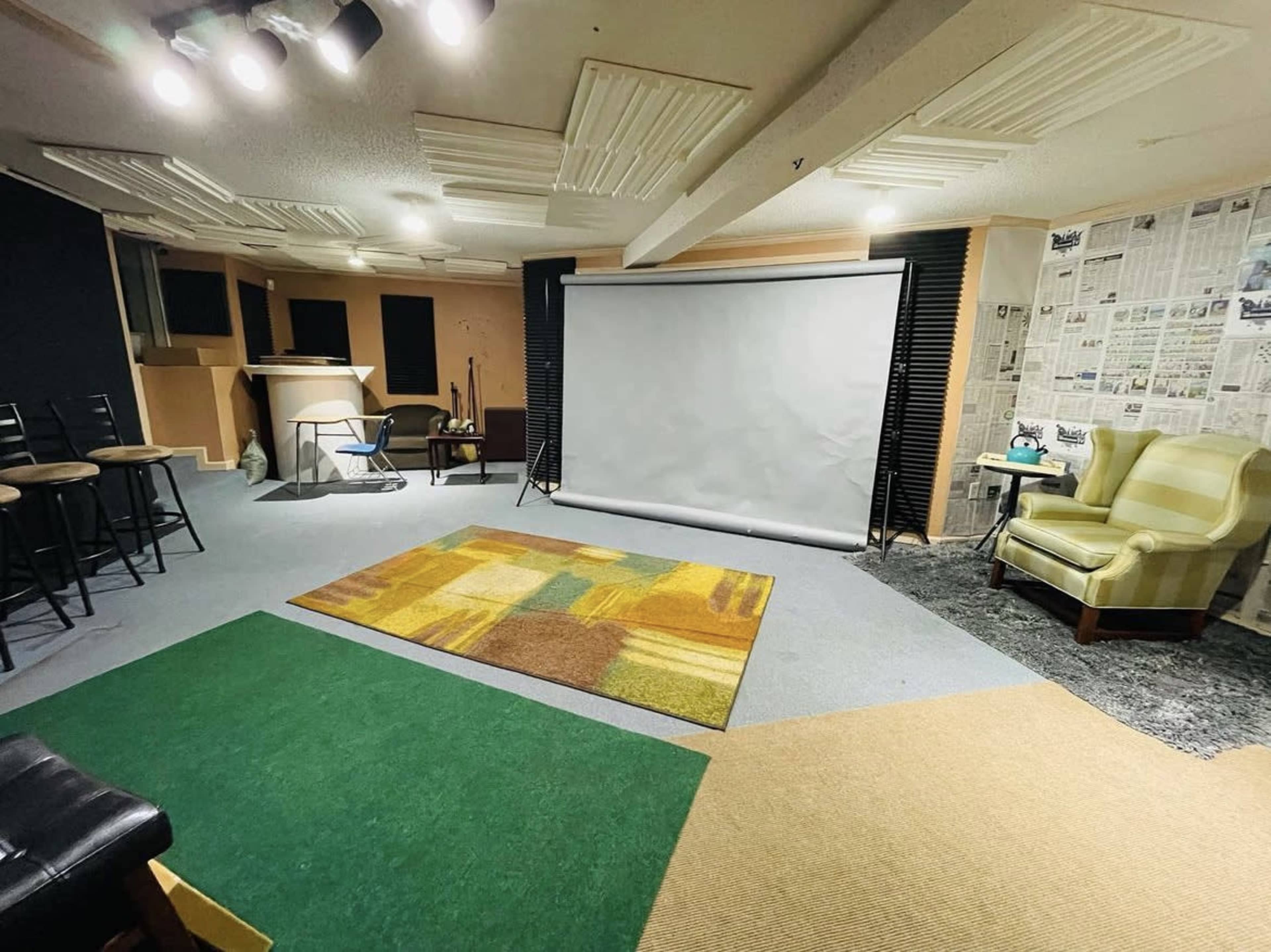 A basement room with a large projection screen, seating areas, and various floor coverings including green and beige carpet.