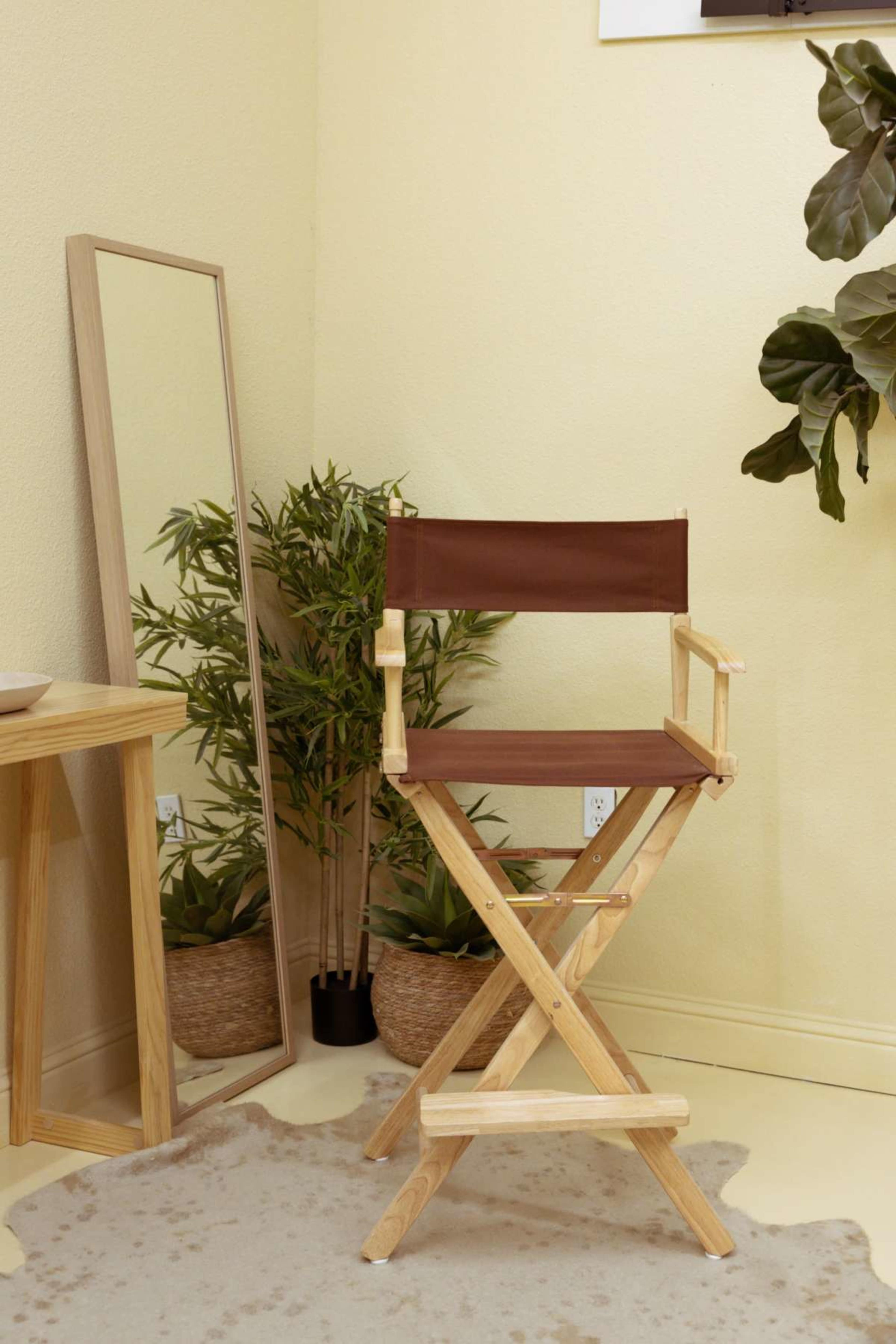 A wooden director's chair with a brown canvas seat is positioned in front of a mirror, beside a potted plant and a side table in a light-colored room.