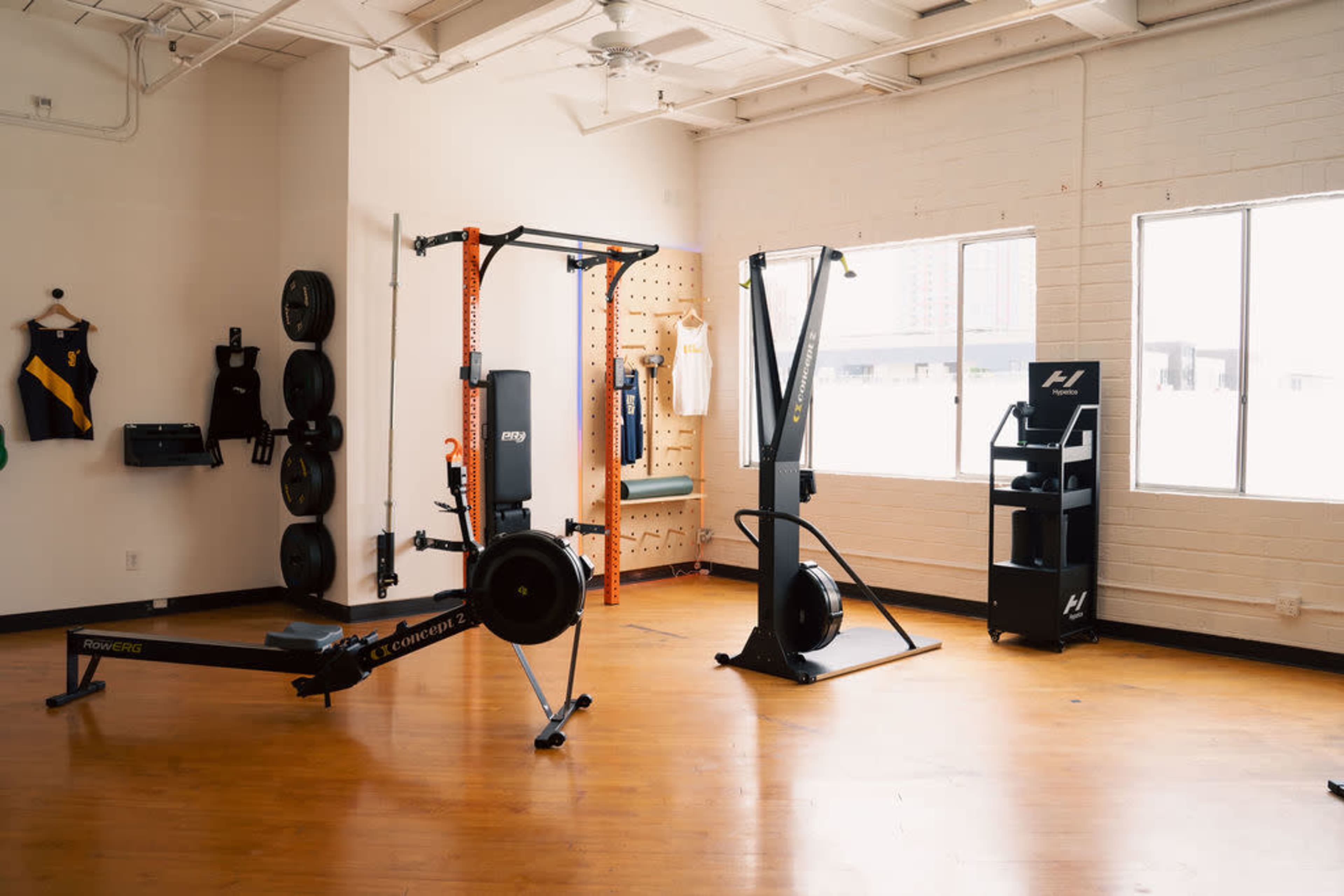 The image shows a bright gym interior with exercise equipment including a rowing machine, a dual cable machine, and a vertical jump machine, arranged next to large windows.