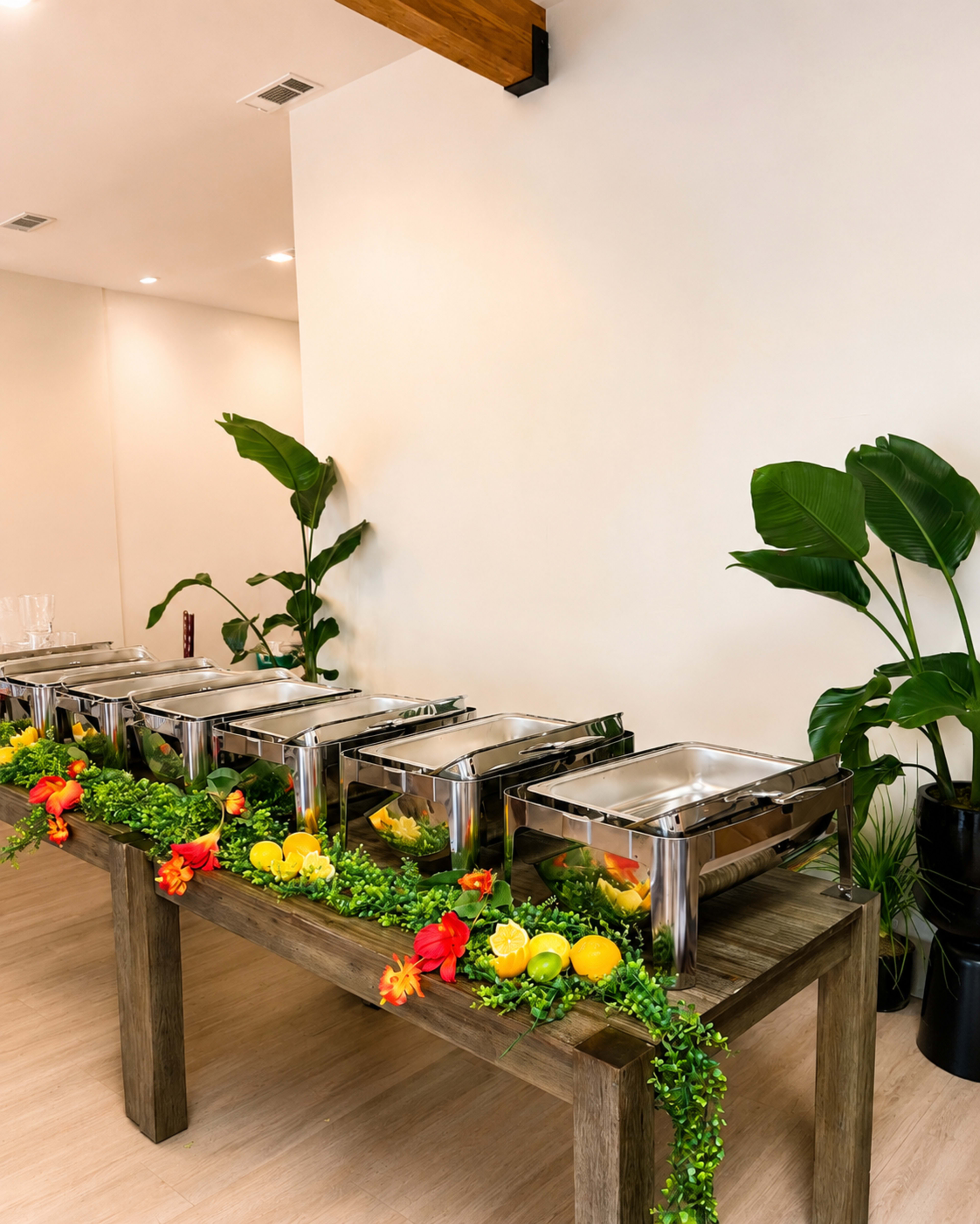 A wooden table is set up with several stainless steel chafing dishes, adorned with colorful flowers and greenery, against a light-colored wall with indoor plants nearby.