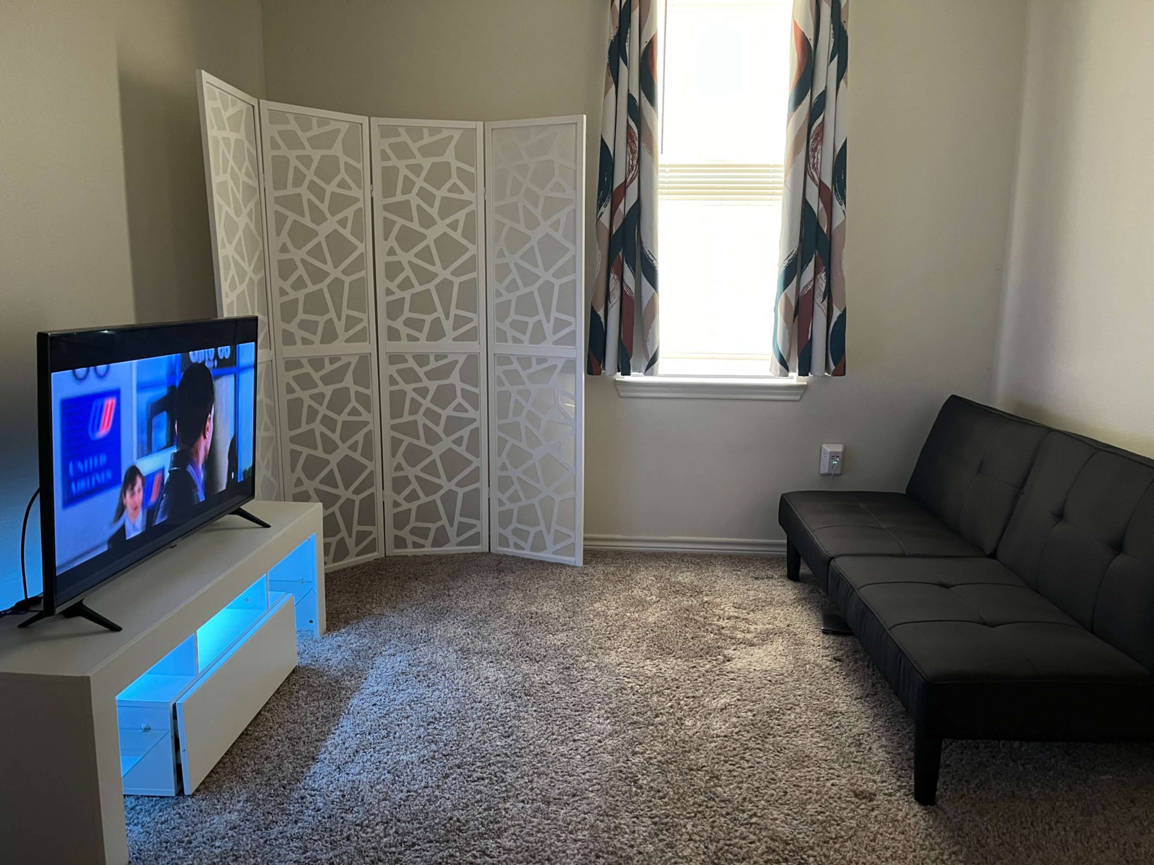 A small room with a television on a white stand, a folding privacy screen, and a black futon on a carpeted floor.