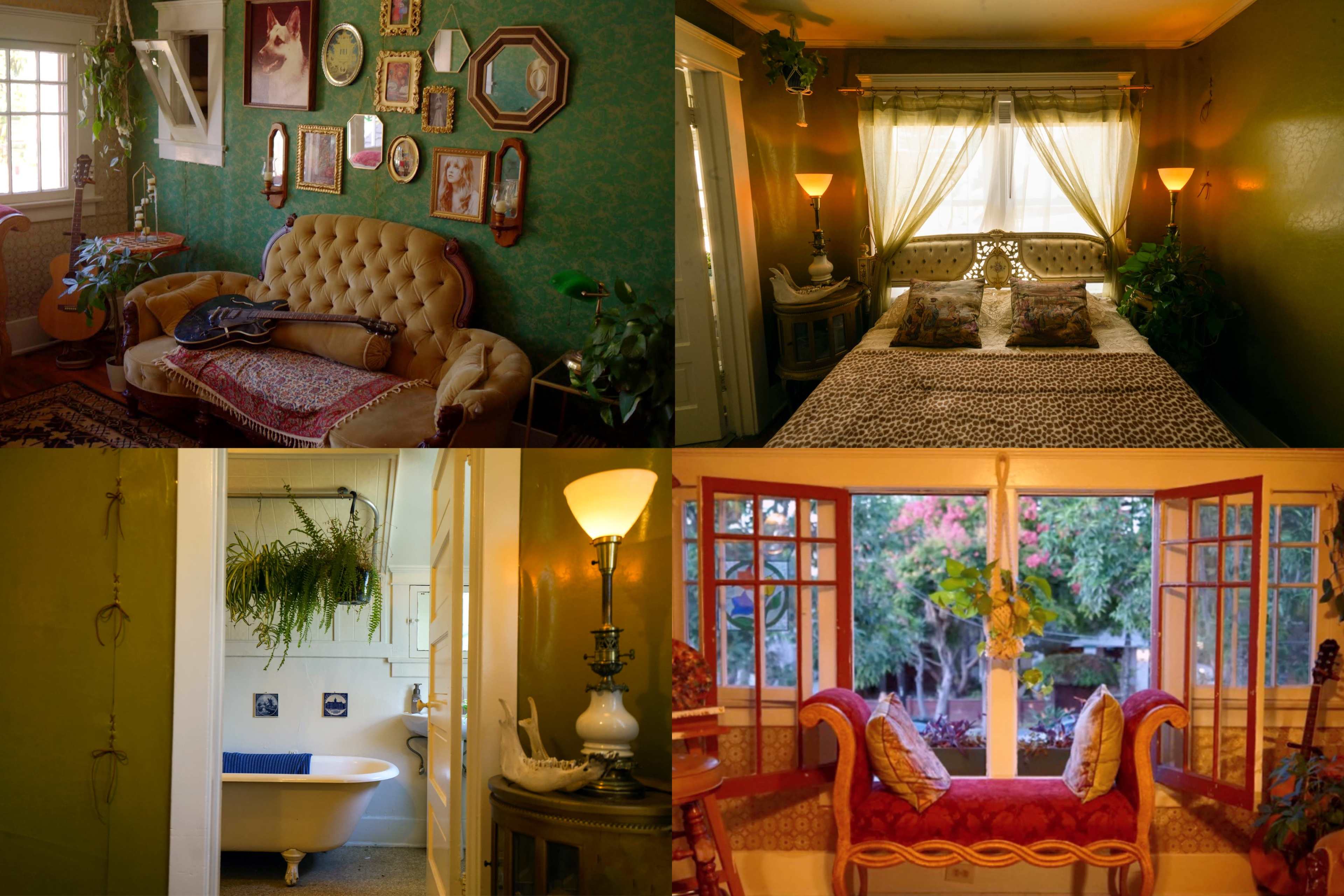 A cozy, vintage-inspired home interior with a living room, bedroom, bathroom, and a sunlit porch, showcasing furniture, plants, and decorative elements.