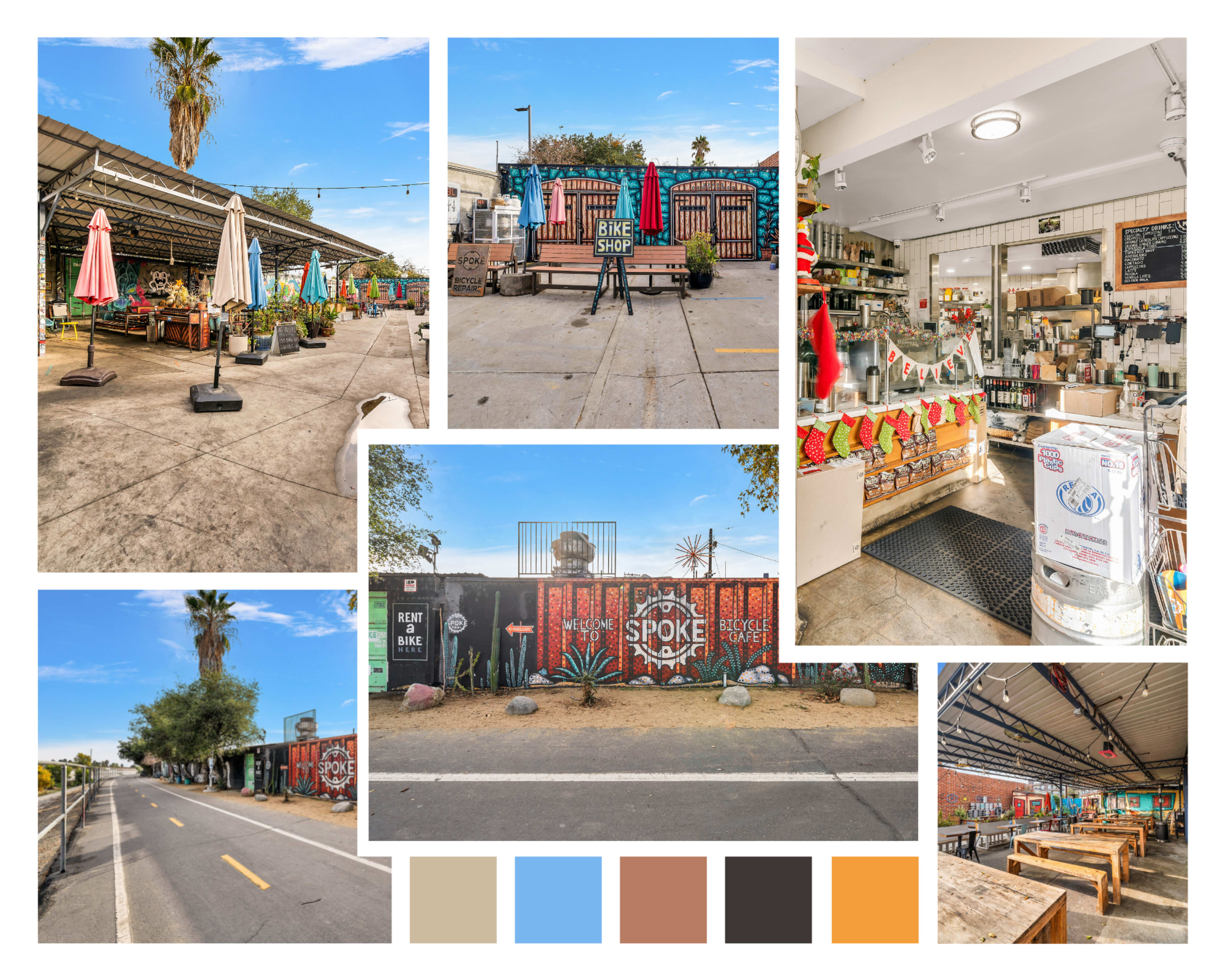 The collage displays a vibrant outdoor market area with colorful tables, artwork on walls, and various plants, along with a café counter and nearby pathways.