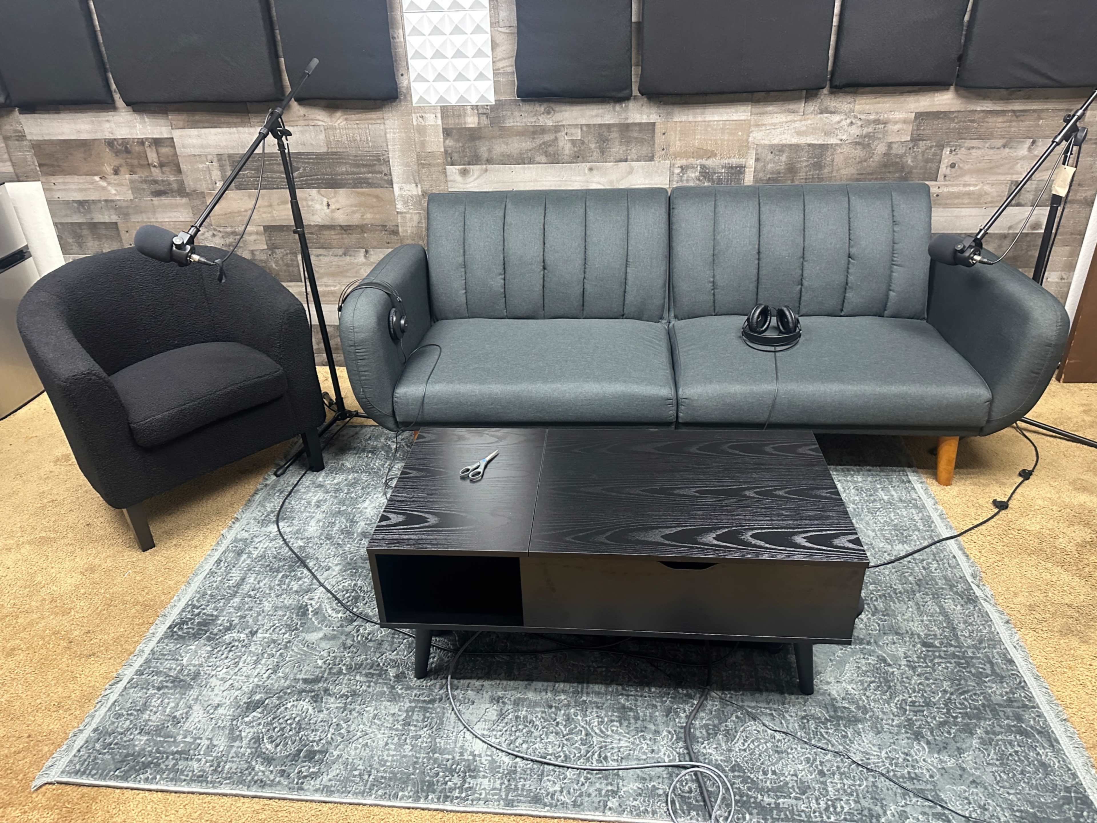 The image shows a modern living room setup with a gray sofa, a black armchair, a black coffee table, and two microphone stands, all placed on a beige carpet.
