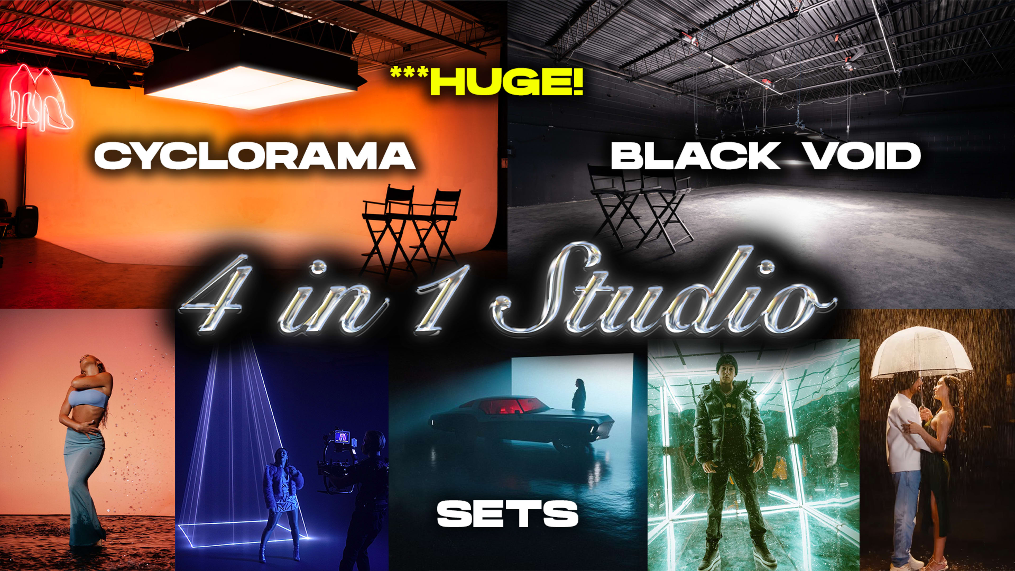 A promotional graphic for a versatile studio space featuring a large cyclorama, a black void area, and multiple photo set designs.