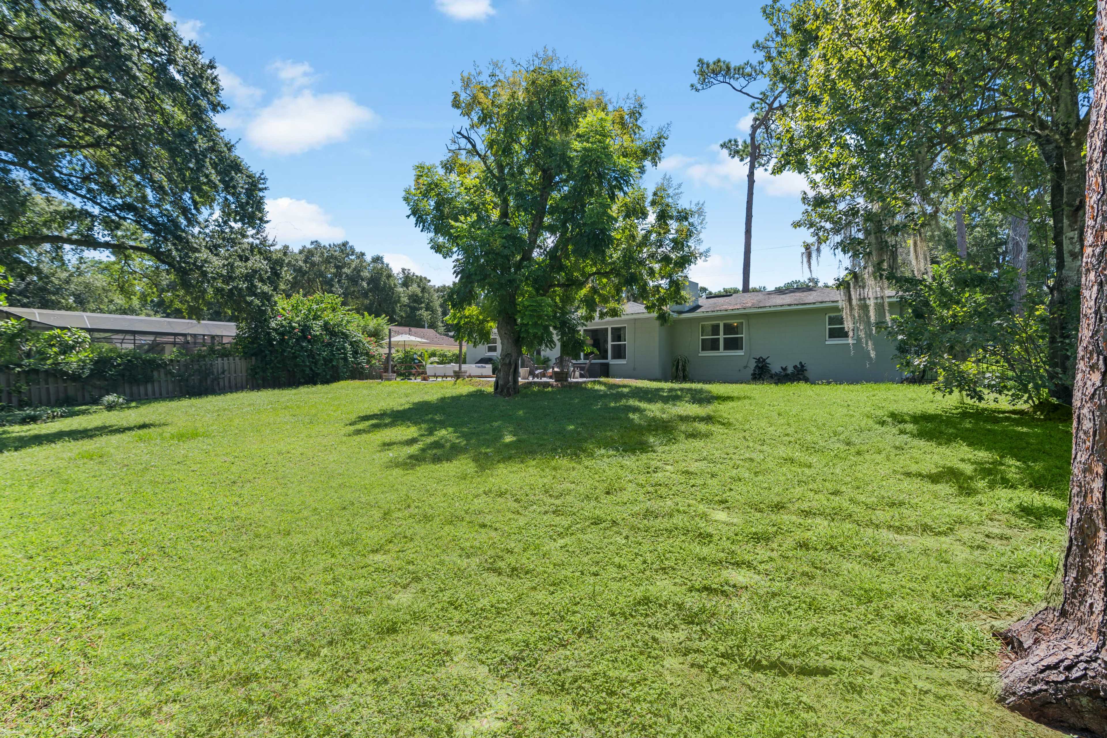 The image shows a spacious, green backyard with a large tree and a house partially visible in the background.