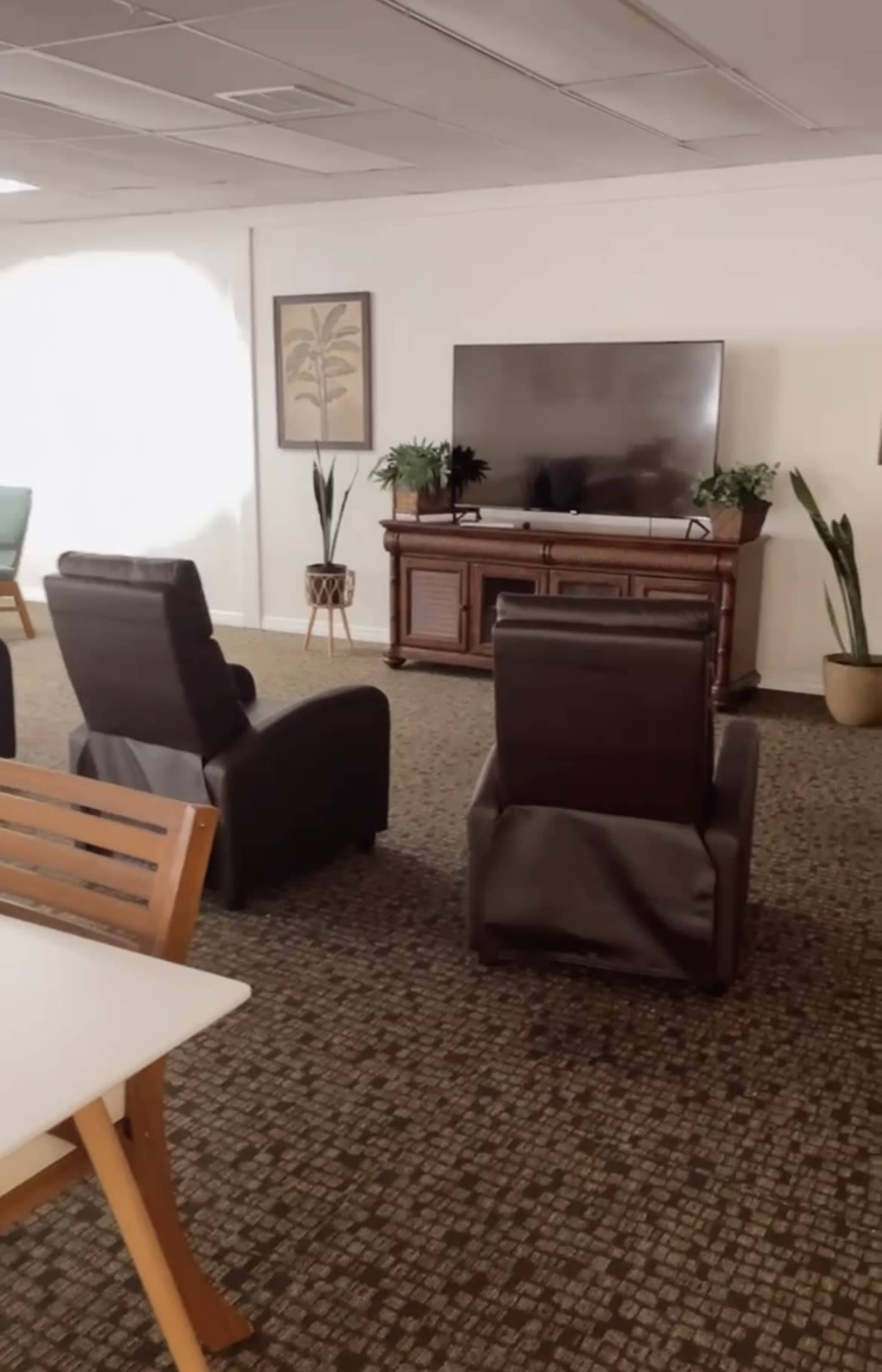 A living space with two recliner chairs facing a wooden TV stand and a wall-mounted television, surrounded by plants.