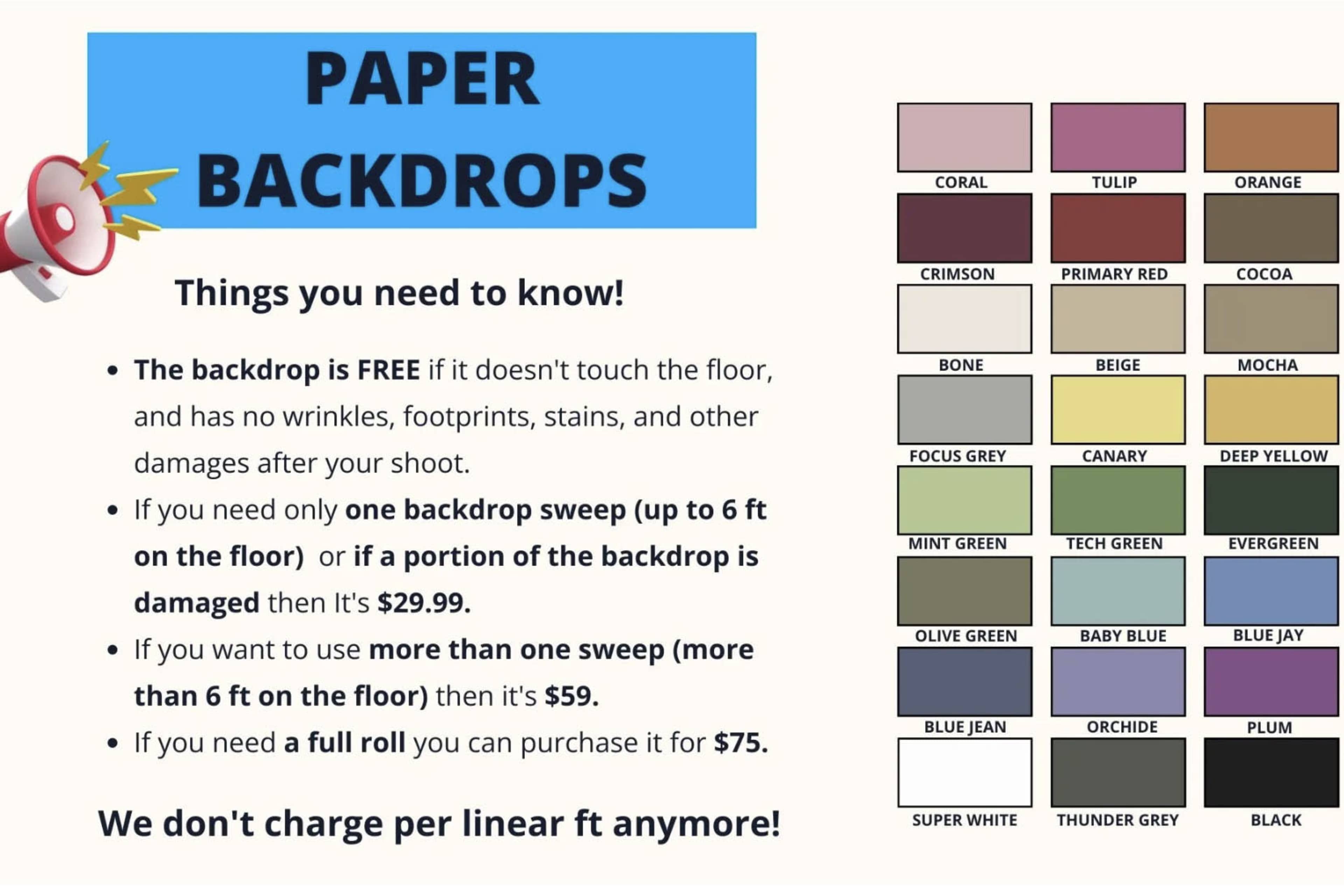 A colorful chart promoting various paper backdrops, detailing pricing and conditions for their use in a rental setting.