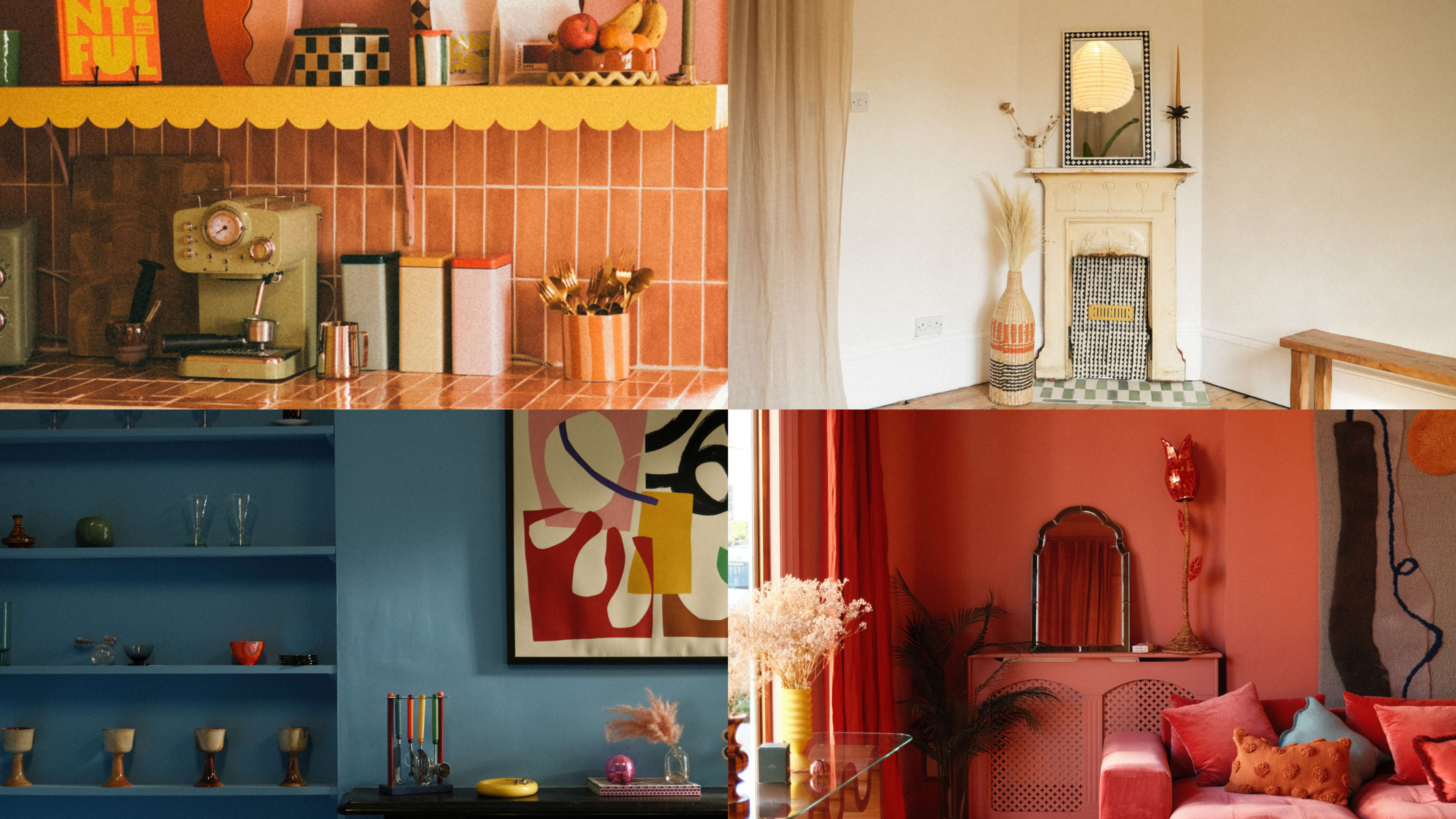 The image features four distinct interior scenes showcasing colorful decor, including a vintage kitchen with a scale, a minimalist fireplace area, a blue wall with decorative items, and a vibrant living space with modern furniture.