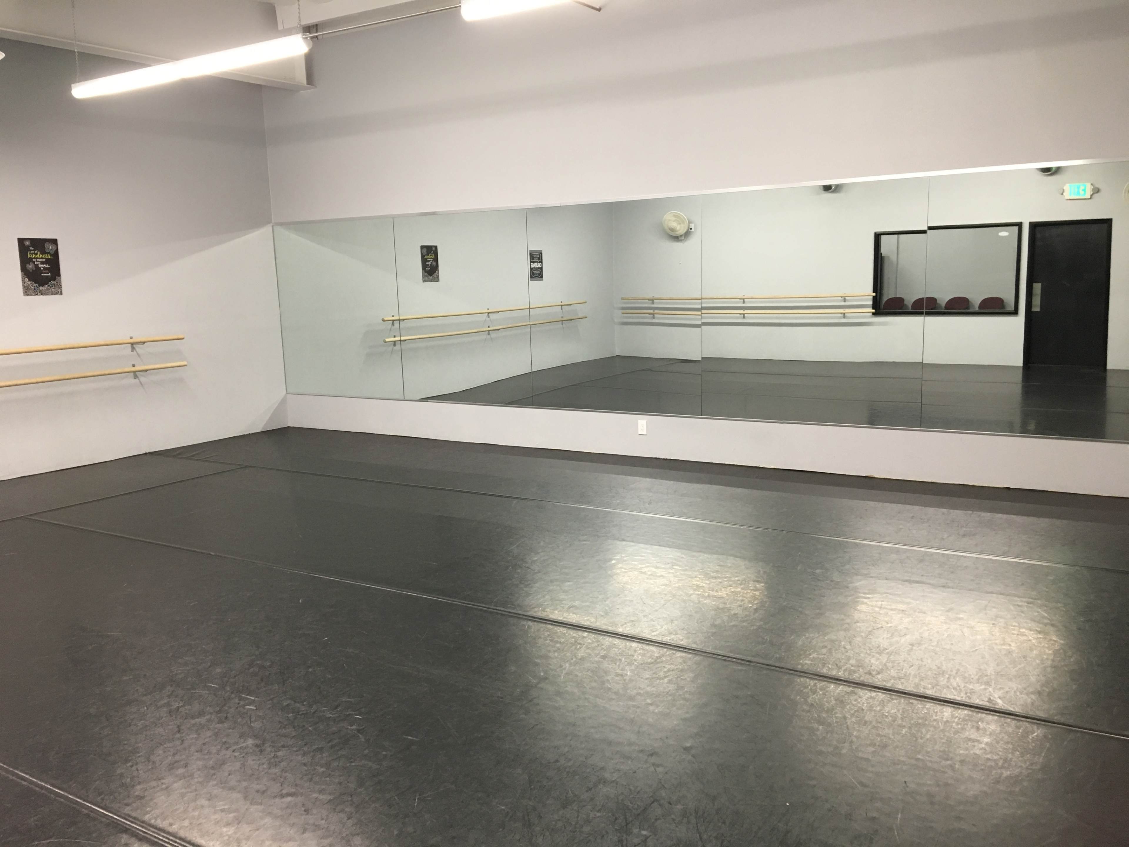 A dance studio with a mirrored wall, ballet barres, and a dark floor.