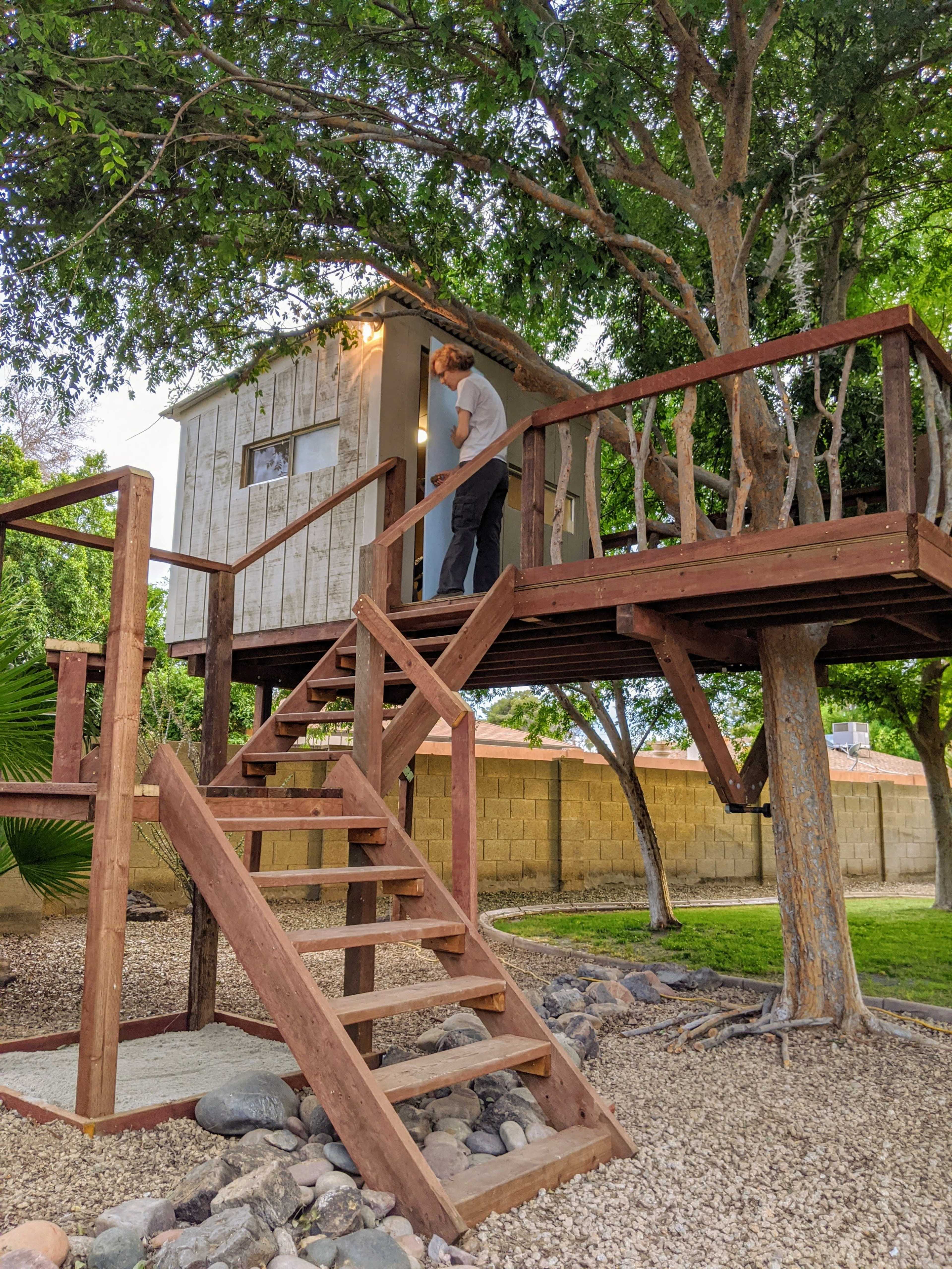 A person is using a light fixture on the exterior of a wooden treehouse elevated above a set of stairs in a landscaped yard.