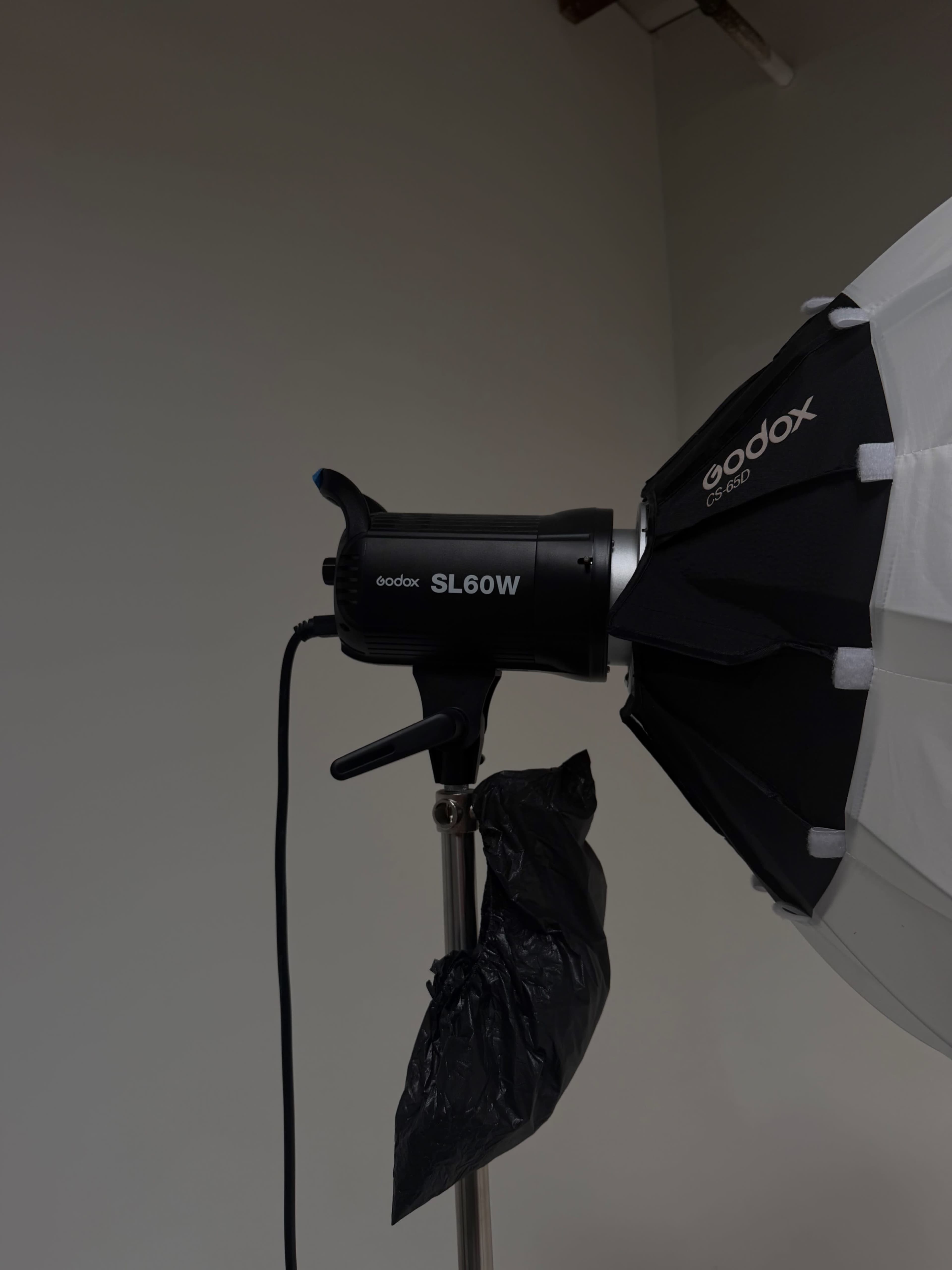 A Godox SL60W studio light is mounted on a stand with a softbox attached, against a neutral-colored background.