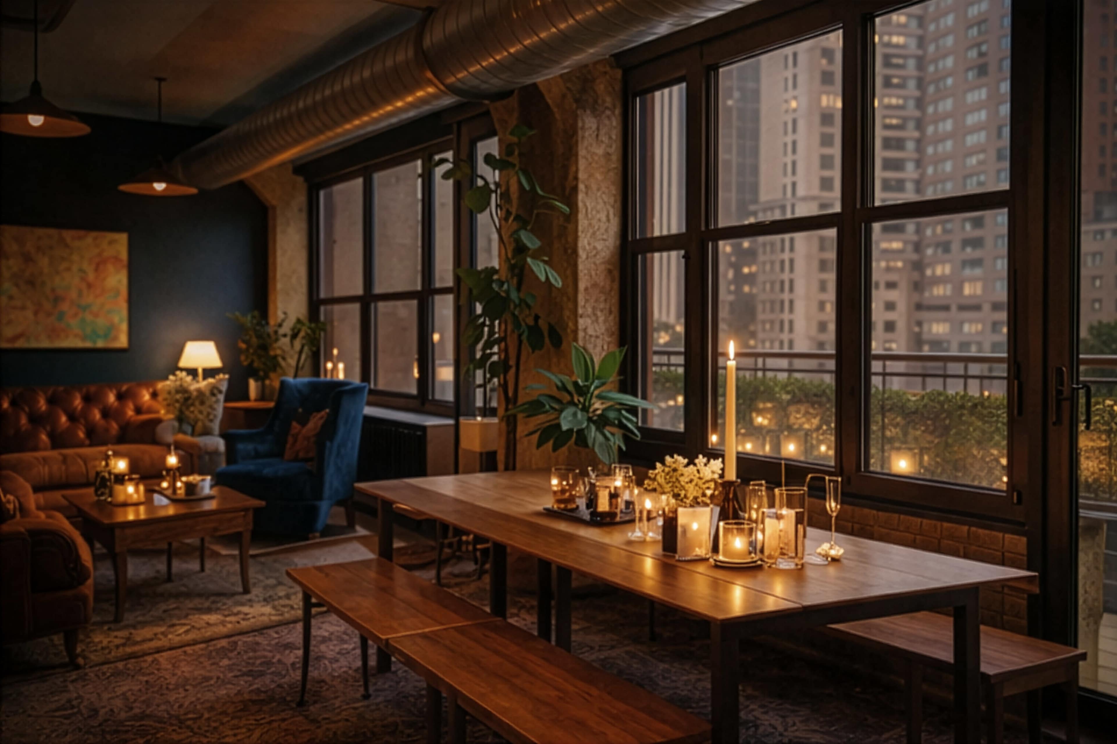 A cozy indoor dining area features a wooden table with benches, surrounded by candles and plants, and large windows showcasing a city skyline.