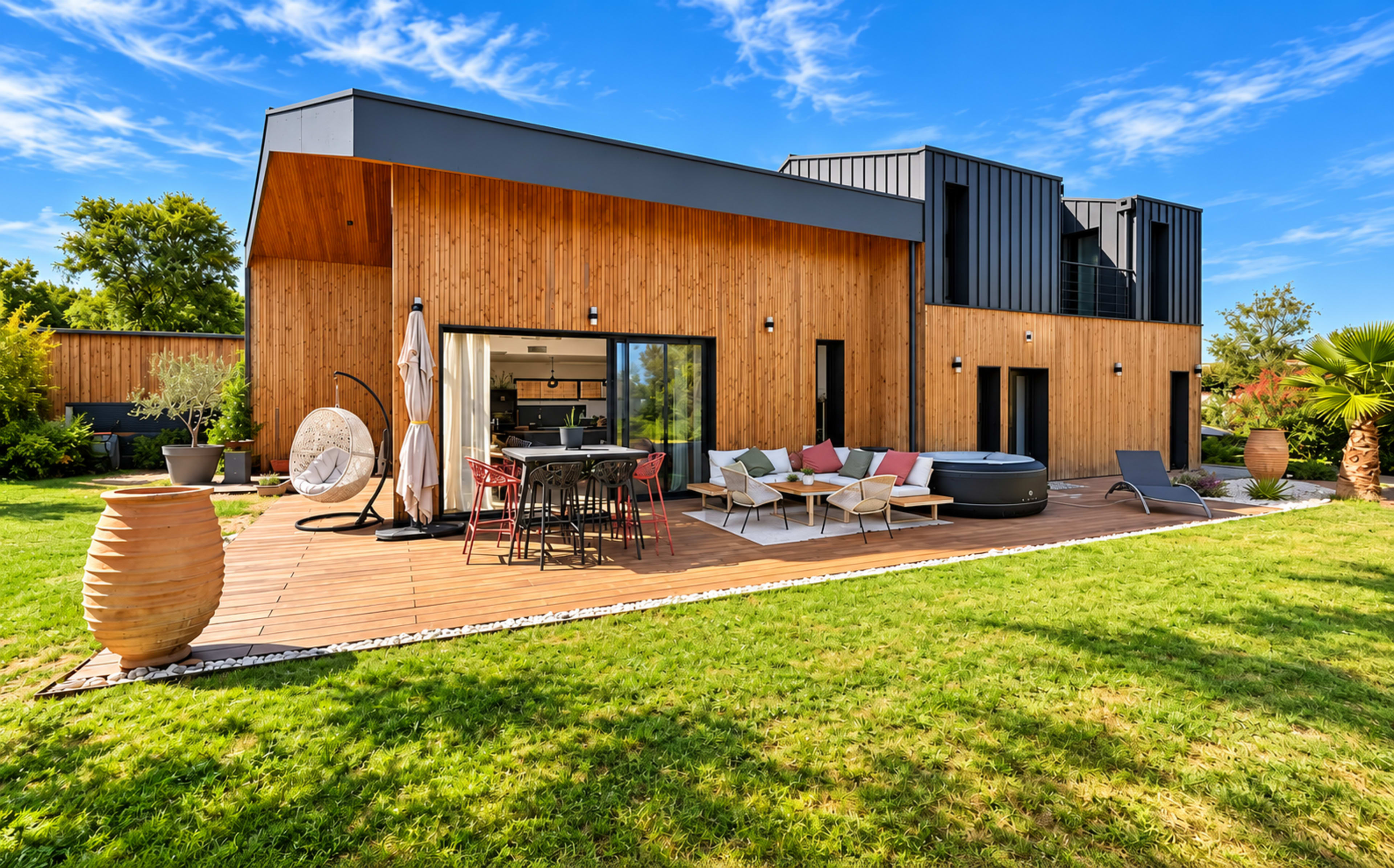 The image shows a modern house with wooden siding and a landscaped backyard featuring a patio, outdoor seating, and a hot tub.