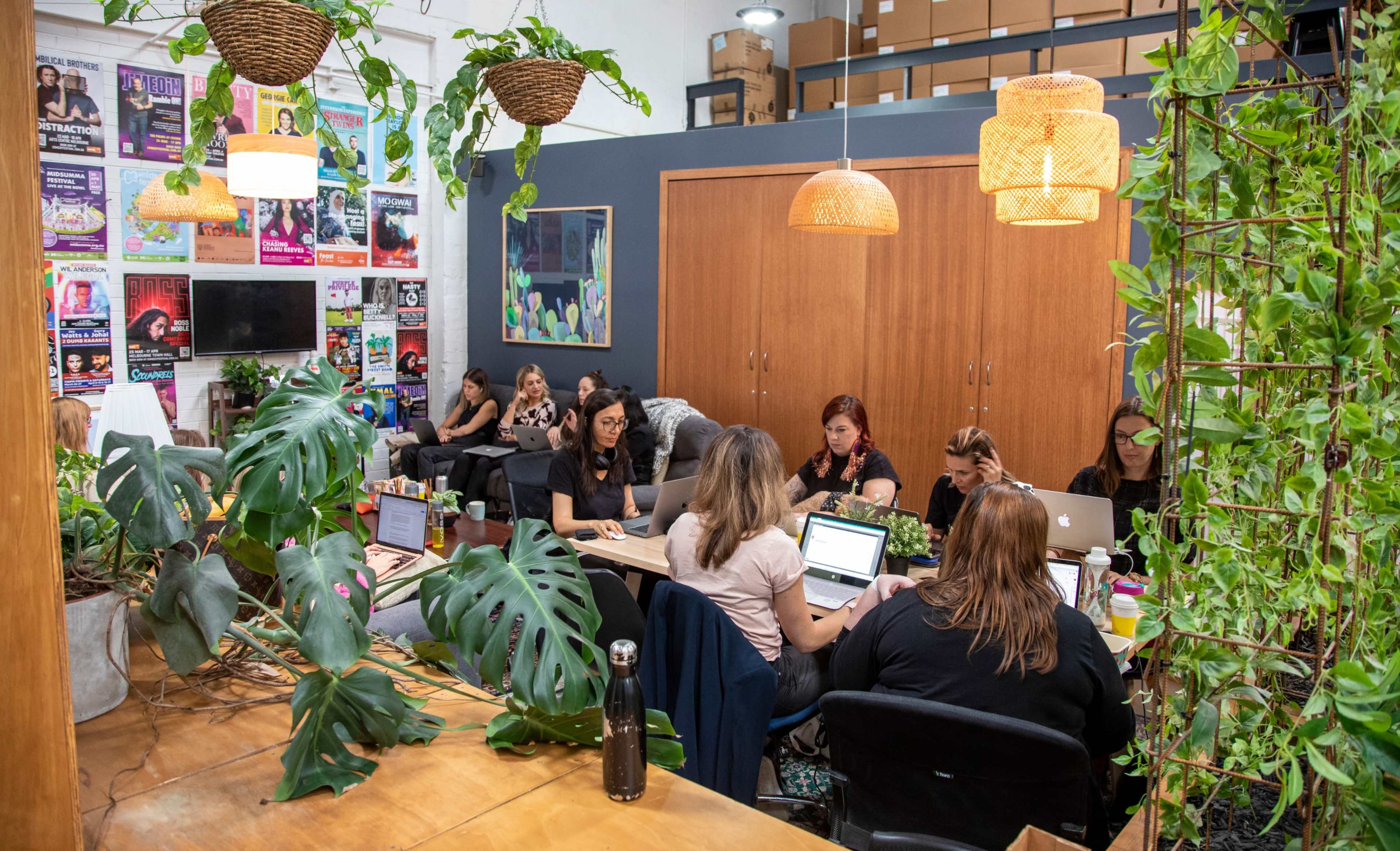 A group of people work collaboratively at tables in a neatly organized office space adorned with plants and colorful posters on the walls.