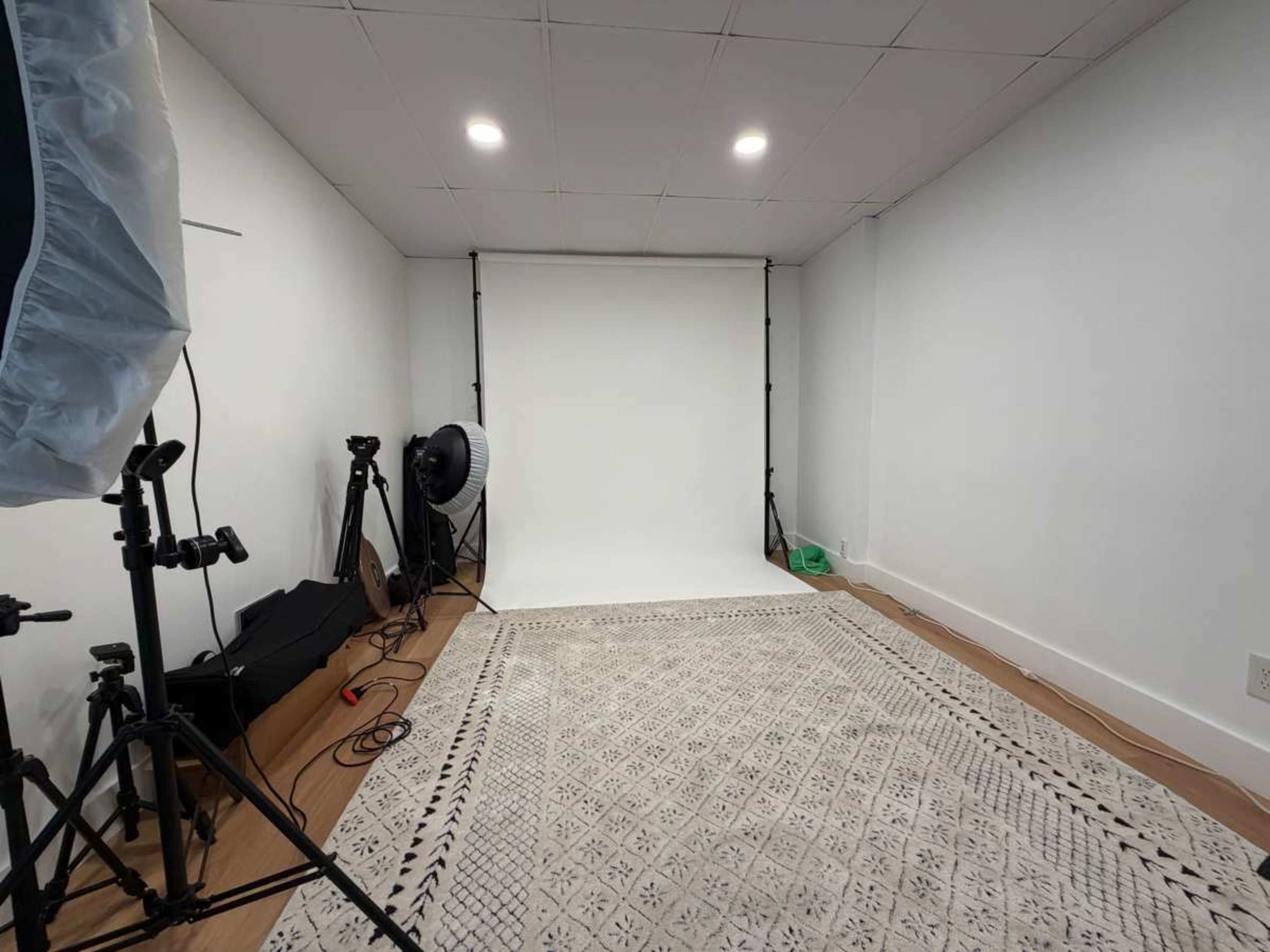 The image shows a small photography studio with a seamless background, lighting equipment, and a patterned rug on the floor.