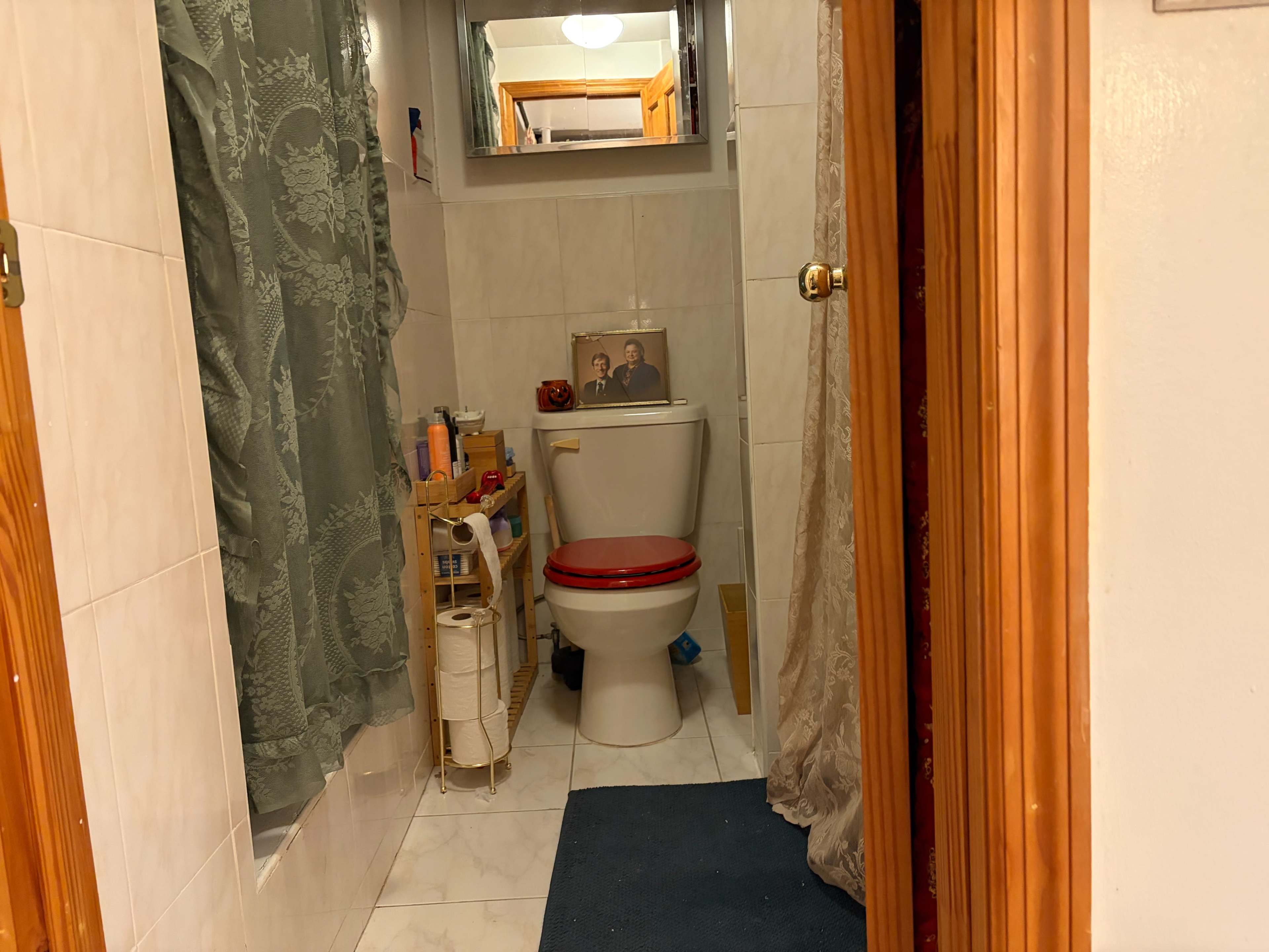 A small bathroom features a toilet with a decorative red seat, a mirror, and a shelf with personal items.