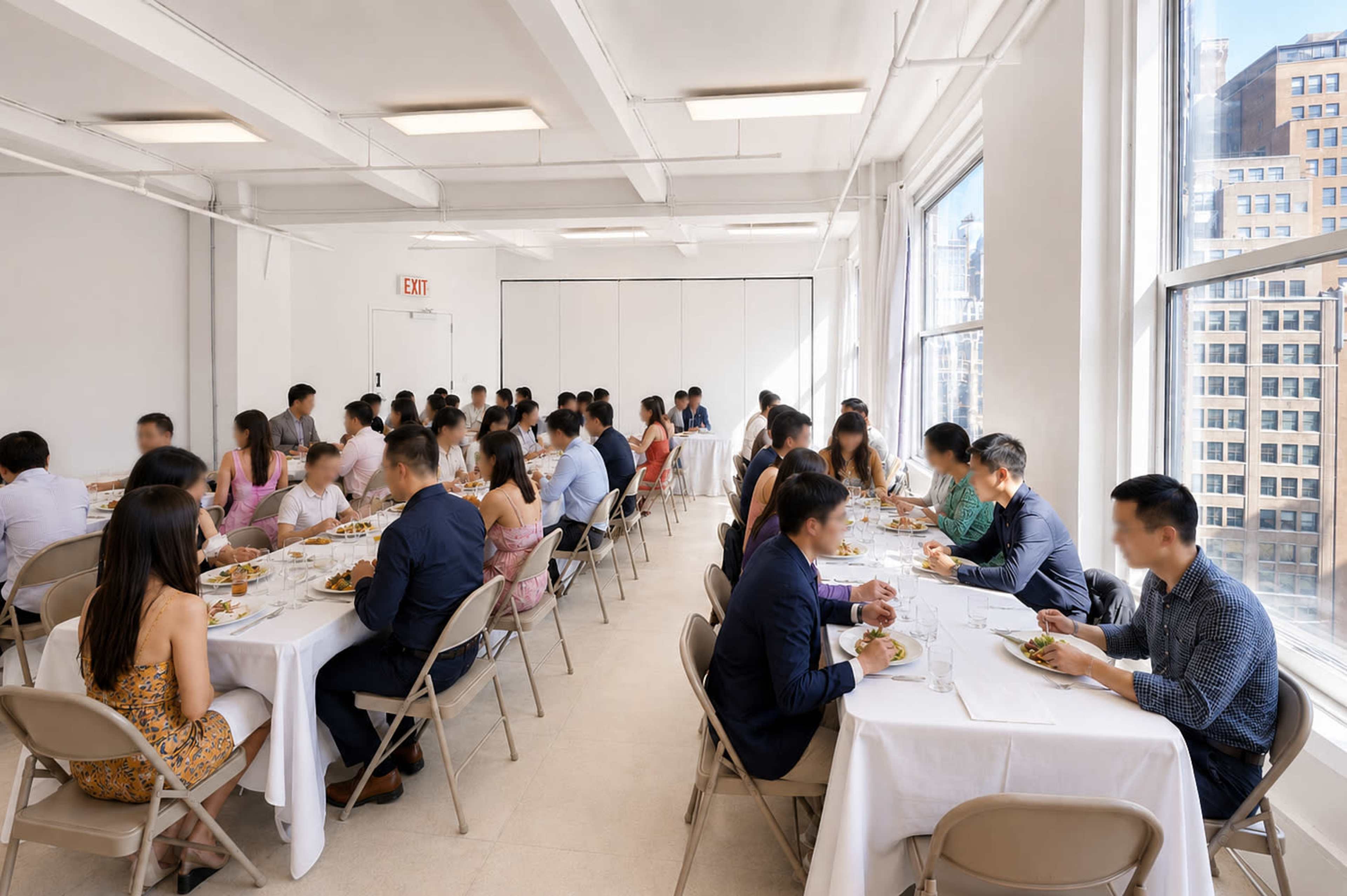 A group of people is seated at long tables in a well-lit room, enjoying a meal with large windows overlooking a city skyline.