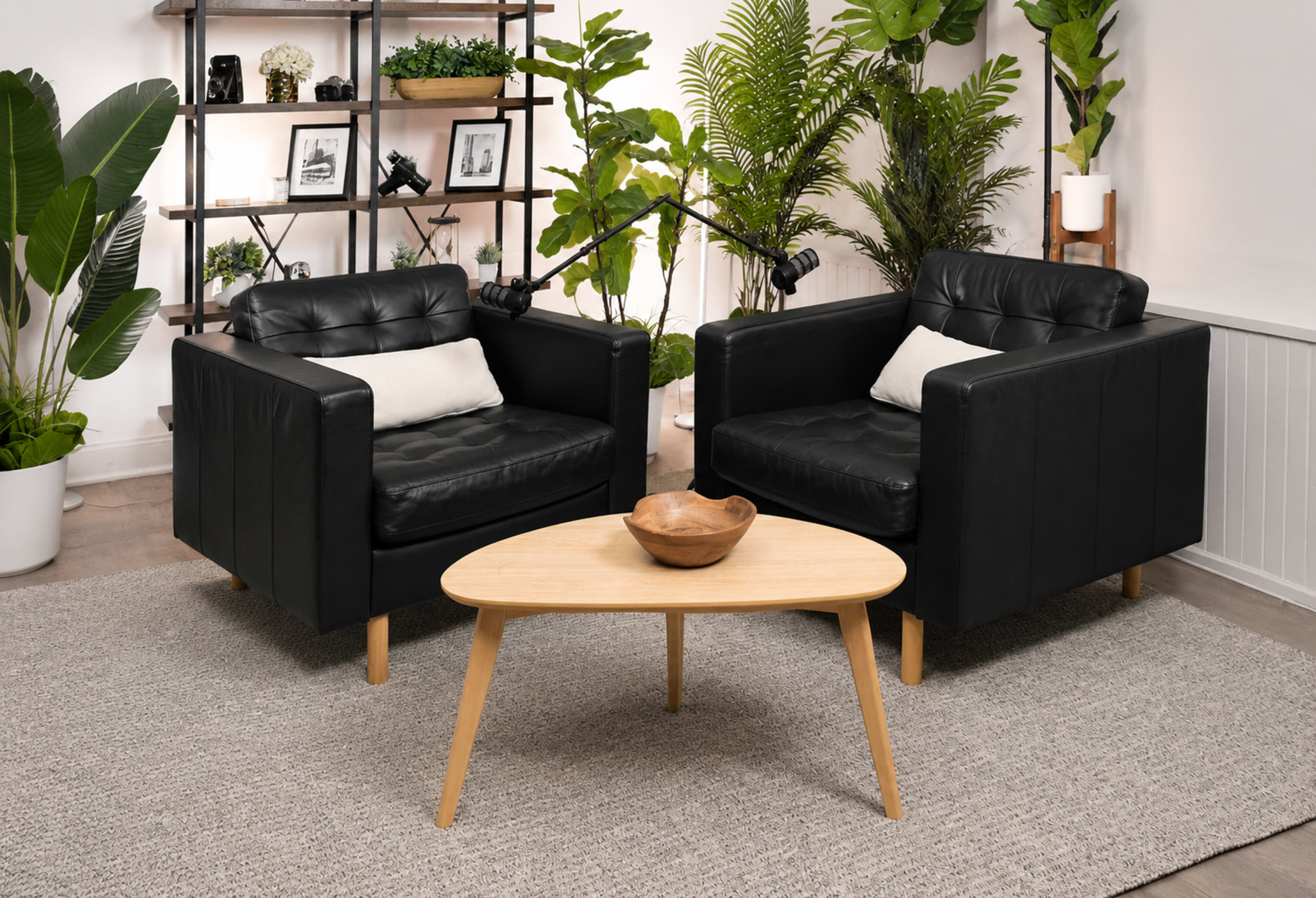 The image shows a living room setup featuring two black leather armchairs, a light wooden coffee table, and various potted plants in a well-lit space.