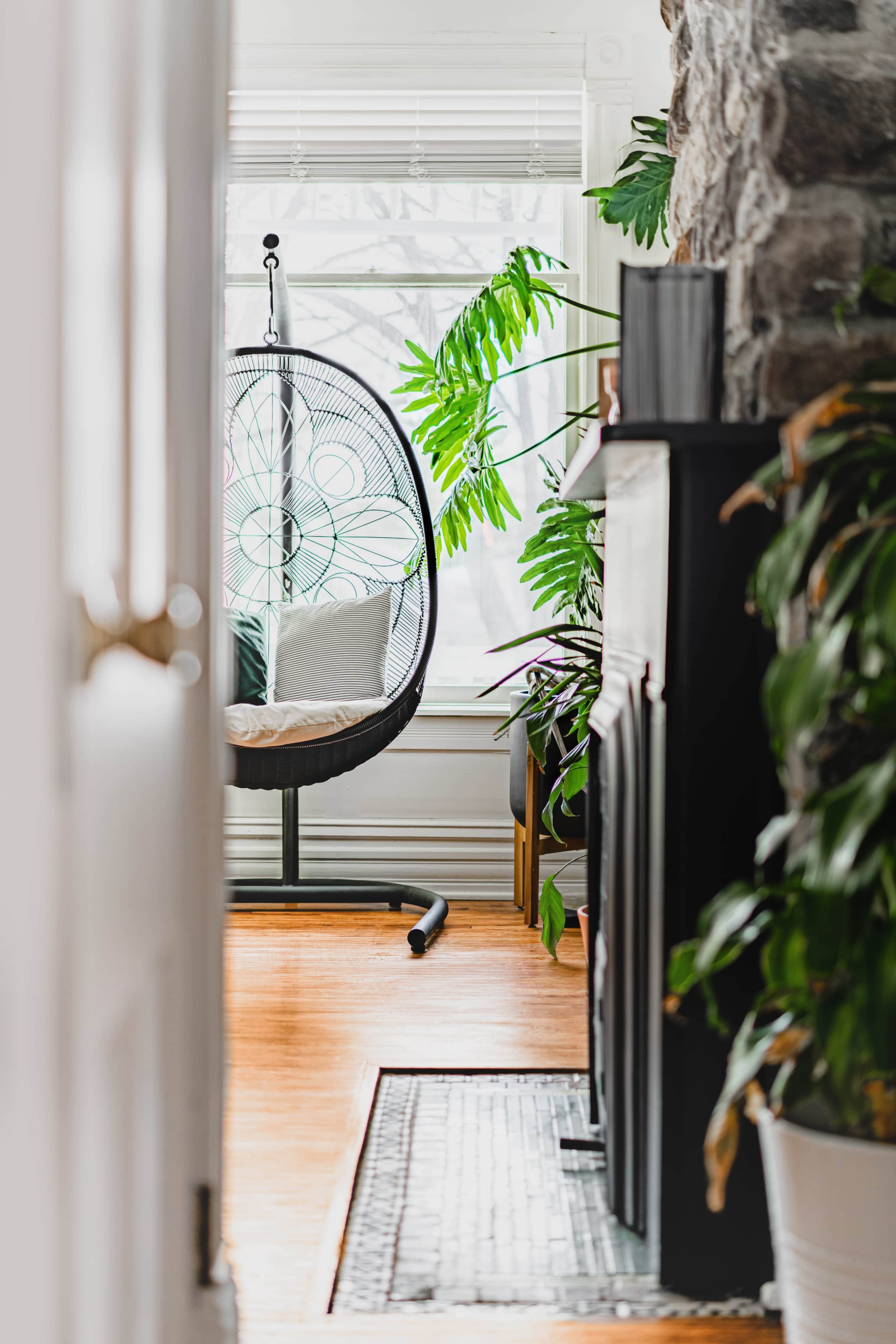 A hanging chair is positioned near a window, surrounded by various indoor plants and a stone fireplace.