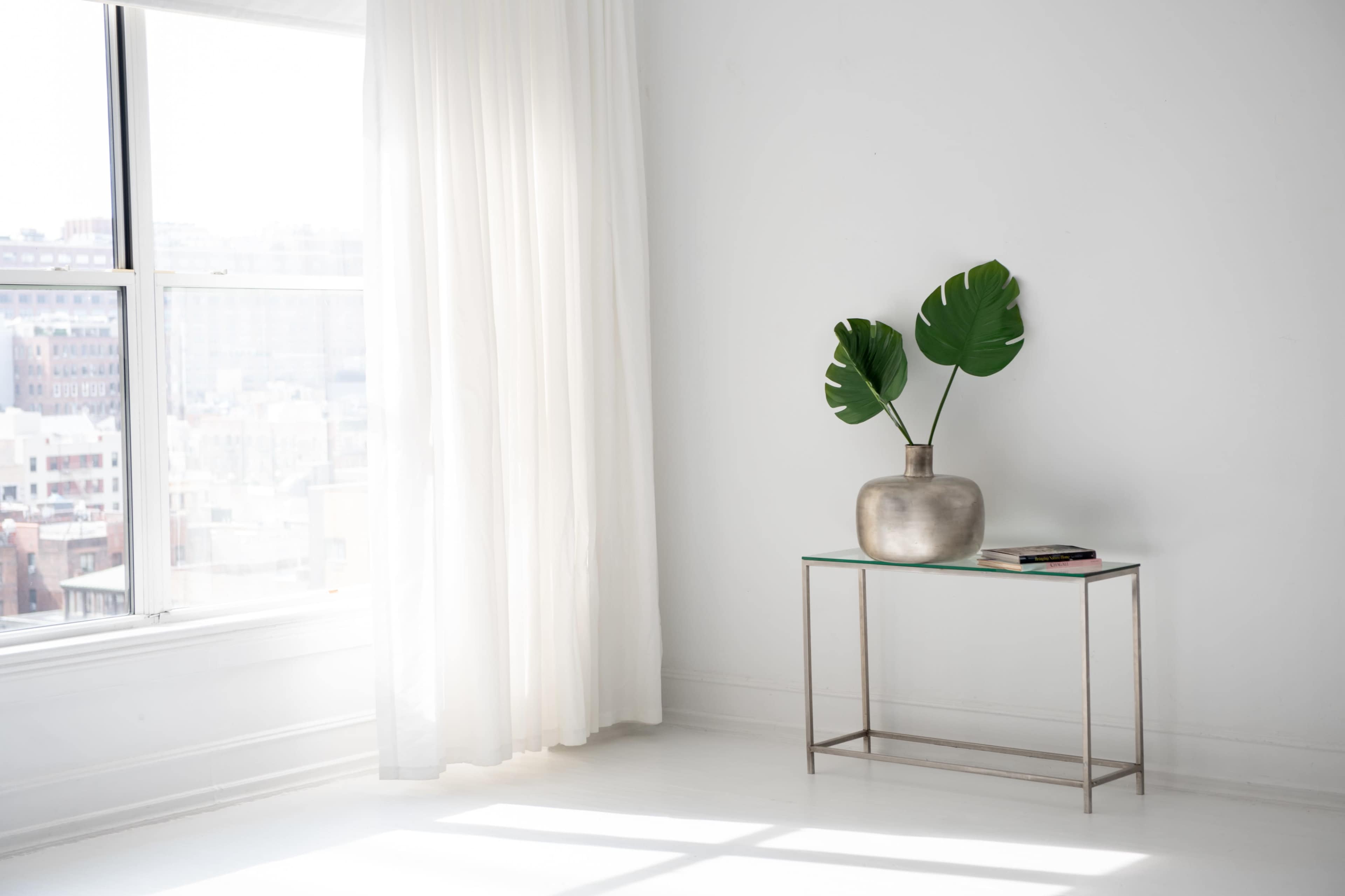 A light-filled room features a minimalist table with a metallic vase holding large green leaves beside a book.