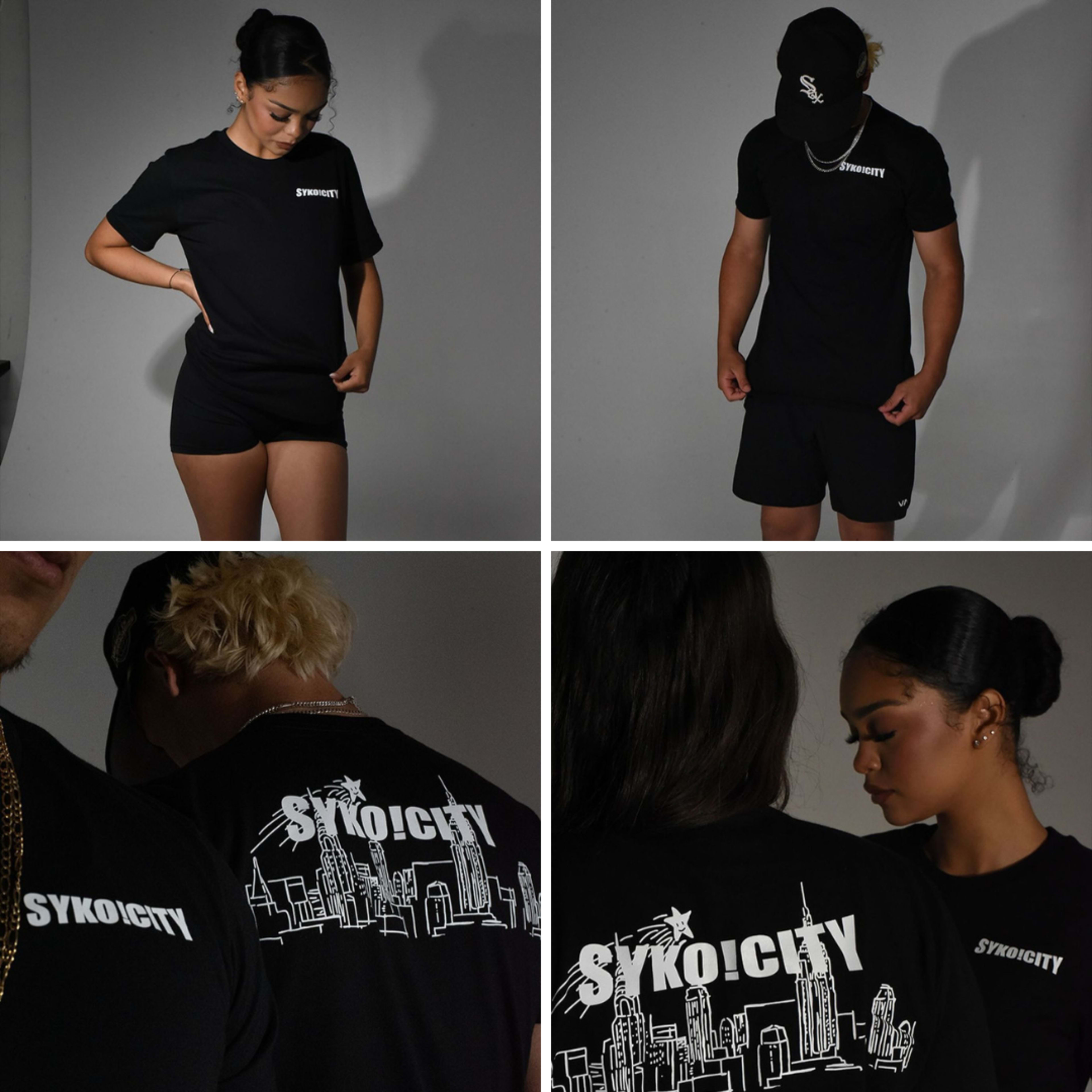 Four views of individuals wearing matching black t-shirts featuring a graphic design that includes the text "SYKO_CITY" alongside a city skyline illustration.