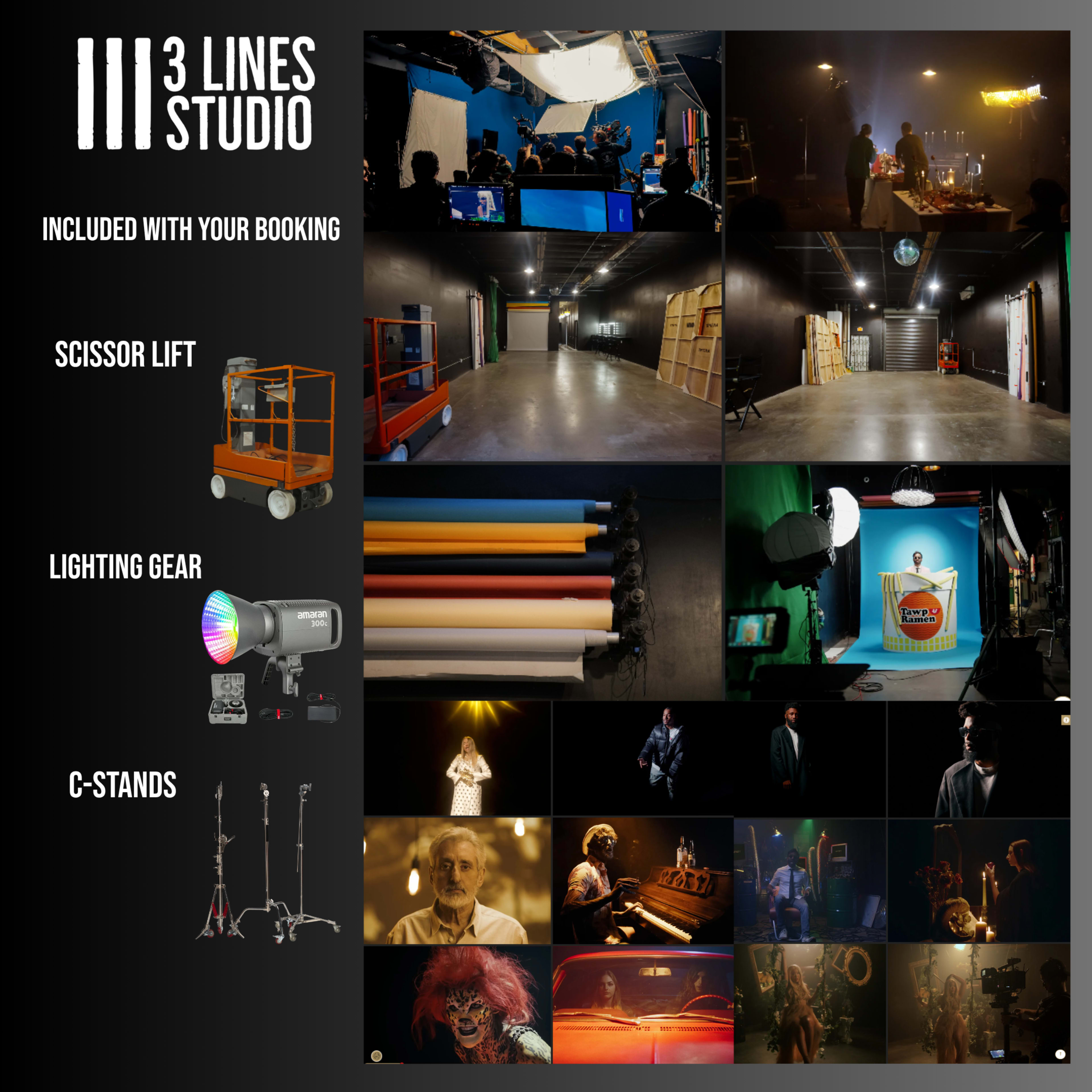 The image displays a promotional layout for a studio rental service, featuring various elements such as studio space, lighting equipment, a scissor lift, and examples of past productions.