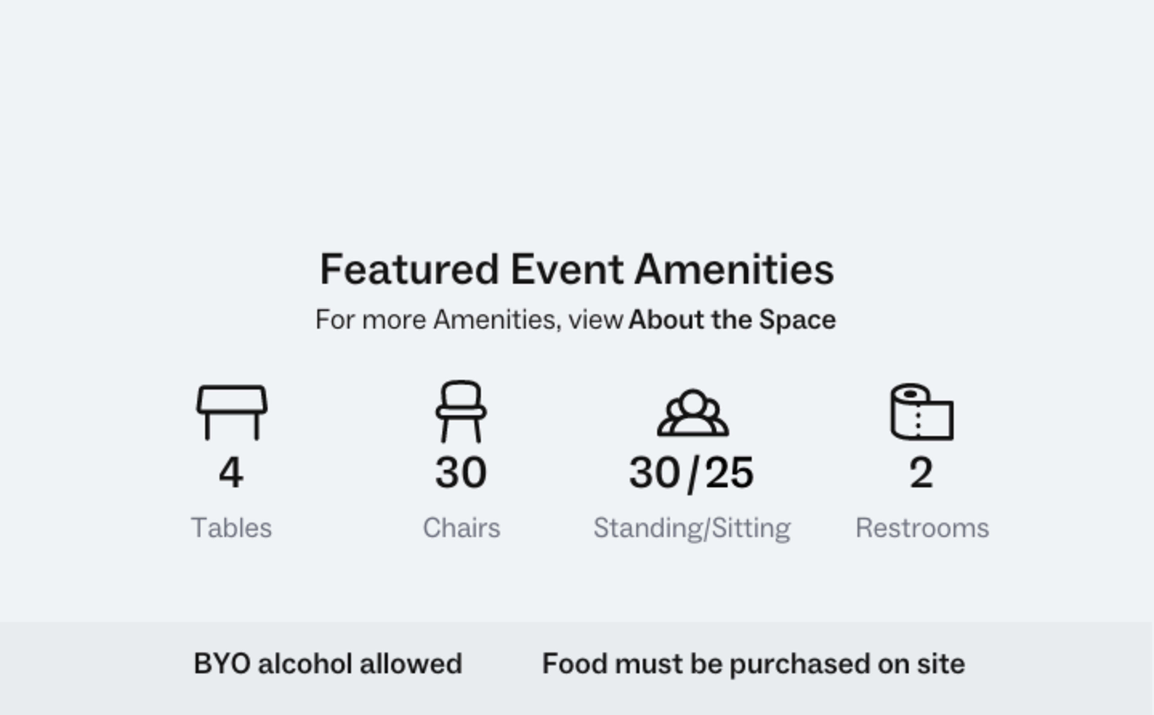 A summary of featured event amenities, including 4 tables, 30 chairs, capacity for 30 standing or 25 sitting guests, and 2 restrooms, with notes on alcohol and food policy.