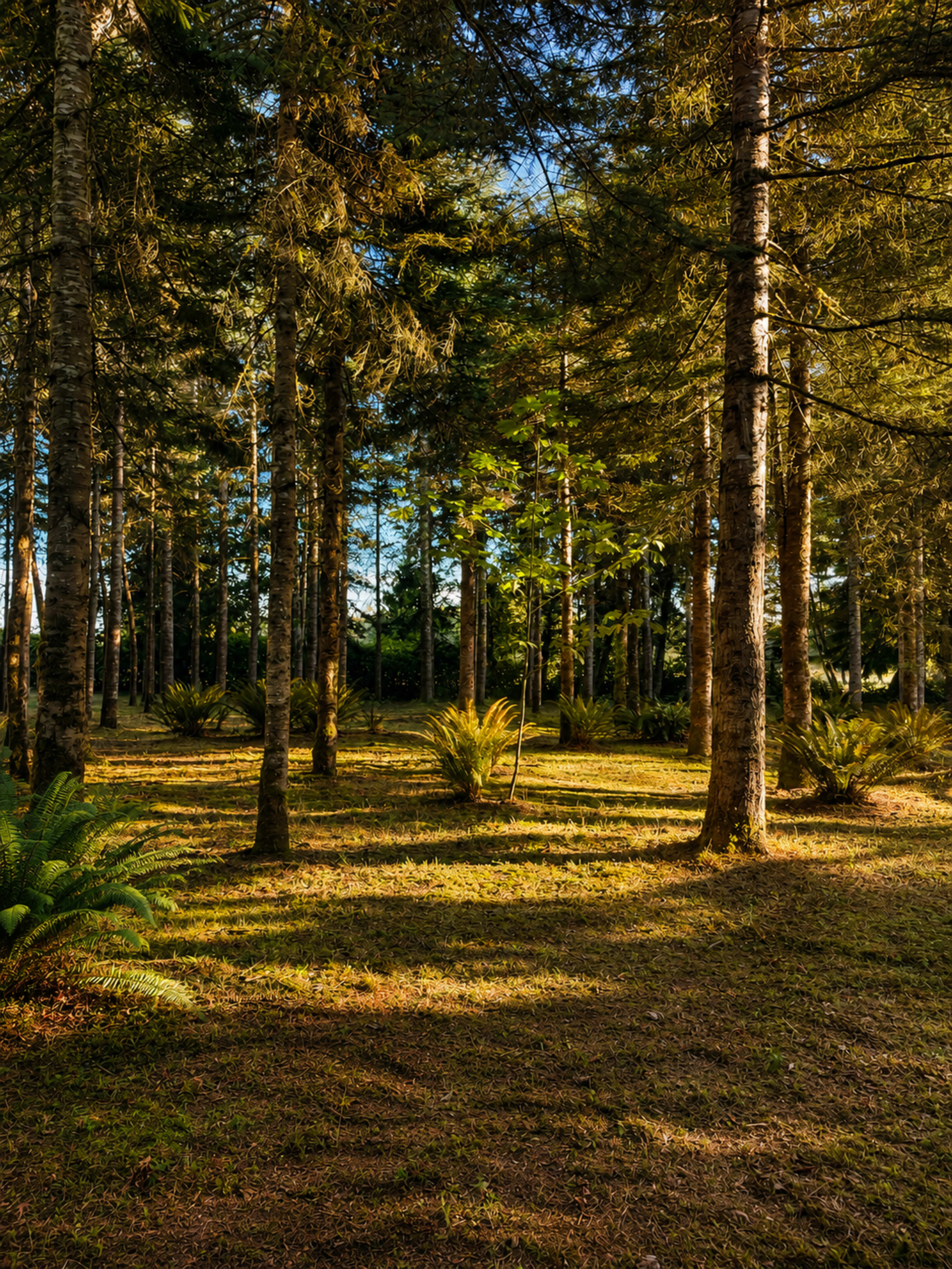 The image shows a forest with tall trees casting long shadows on the ground, interspersed with ferns and dappled sunlight filtering through the foliage.