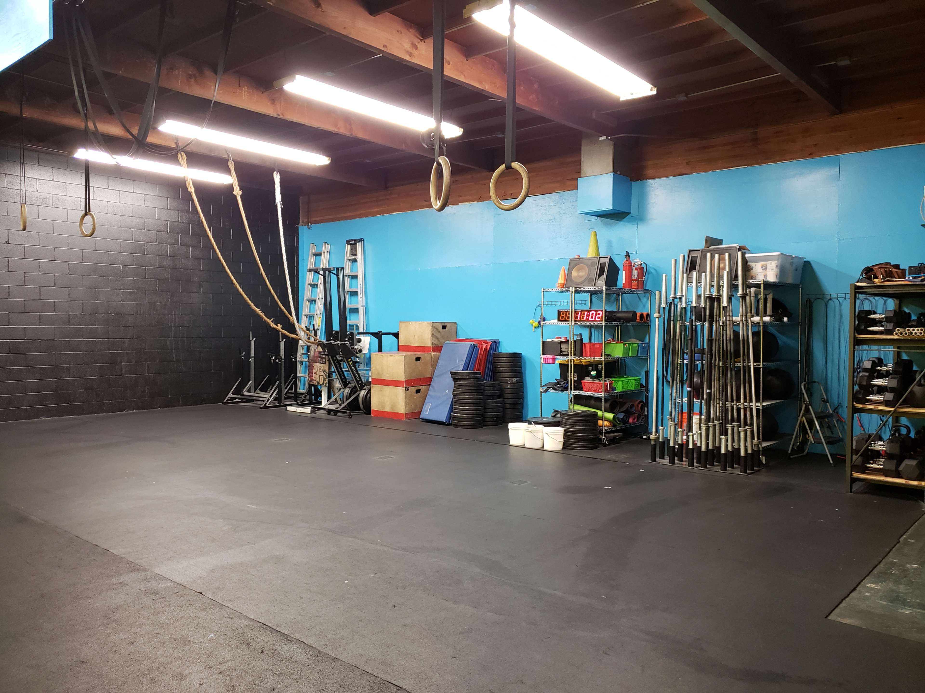 An empty gym with various exercise equipment, including ropes, rings, barbells, and storage shelves, set against a blue accent wall.