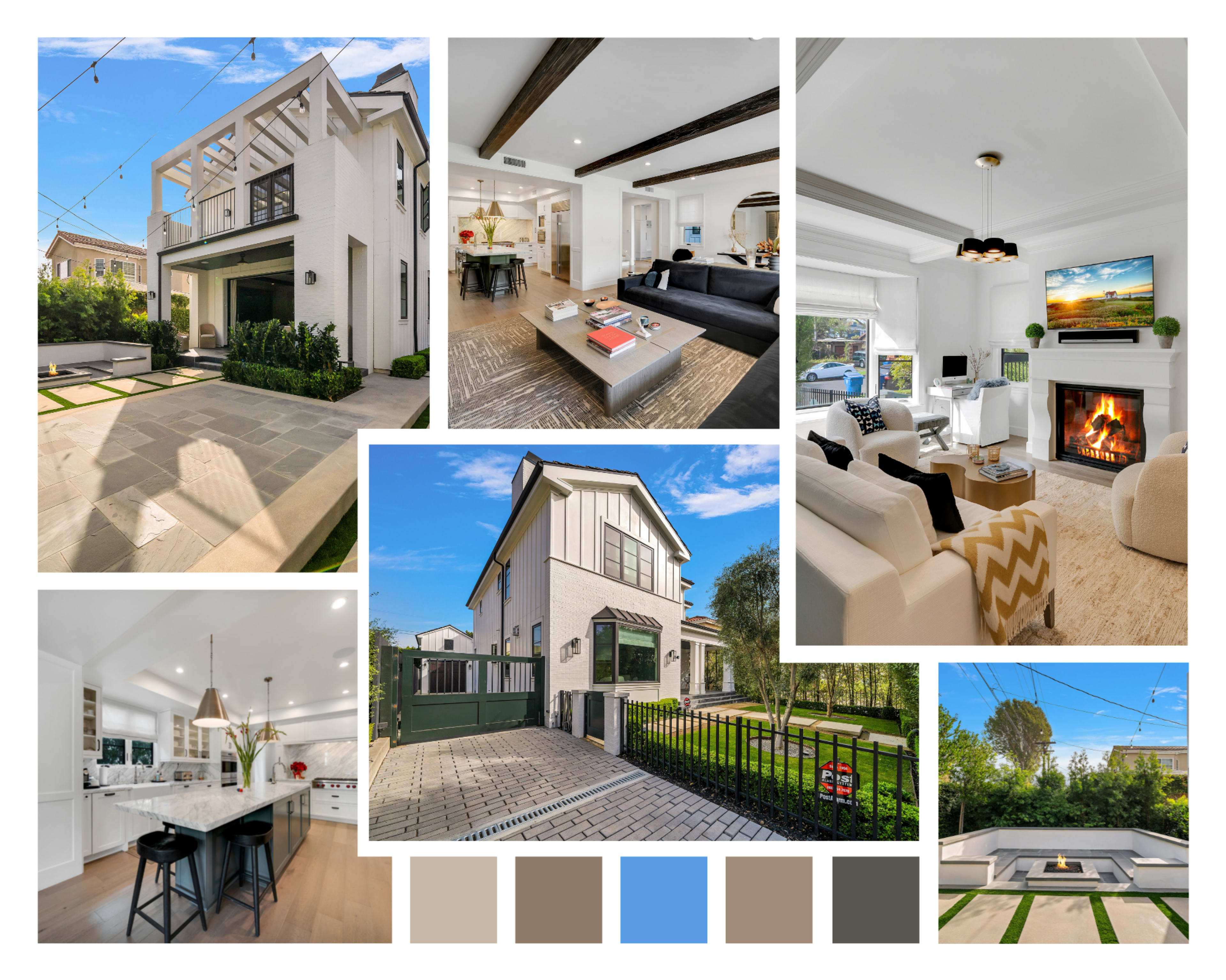 Various views of a modern residential home, including its exterior, living spaces, and outdoor area with a pool.