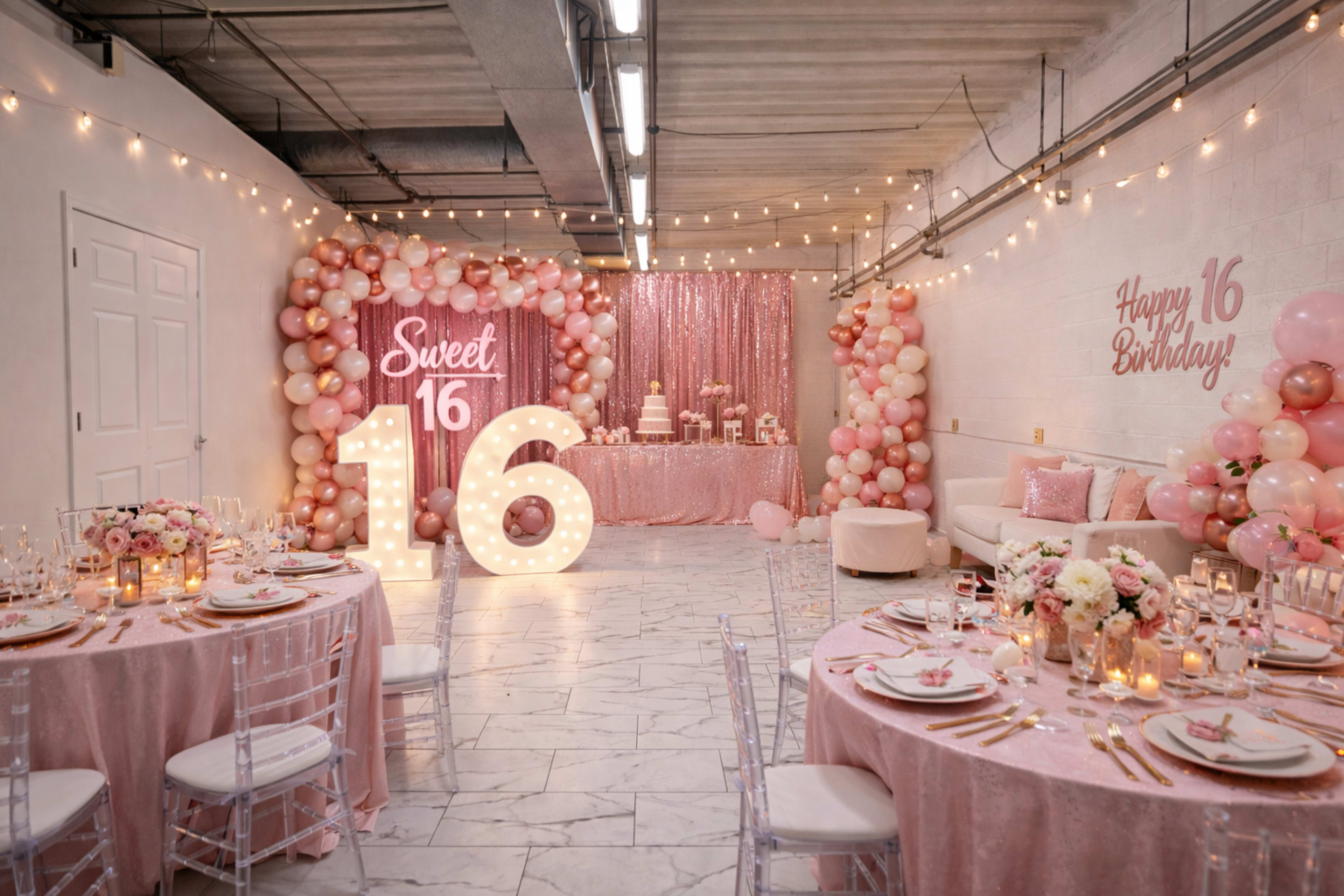 The image shows a decorated event space for a Sweet 16 birthday party, featuring large illuminated numbers, pink and gold decor, balloon arrangements, and elegantly set dining tables.