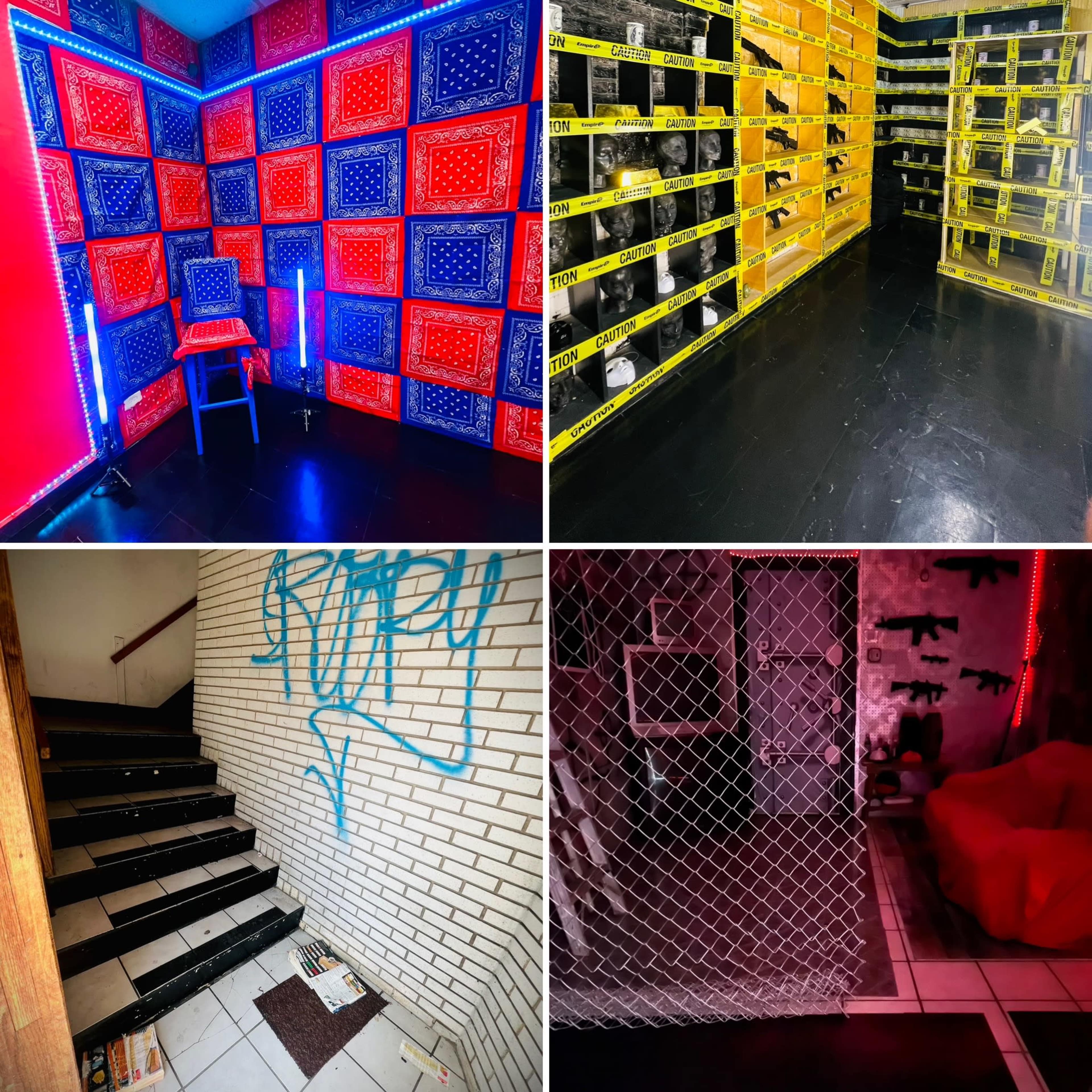 The image shows a split scene featuring four distinct areas: a room with brightly colored walls and a chair, a storage area with yellow tape and organized boxes, a stairwell with graffiti on a white wall, and another room with red lighting and a chain-link fence.